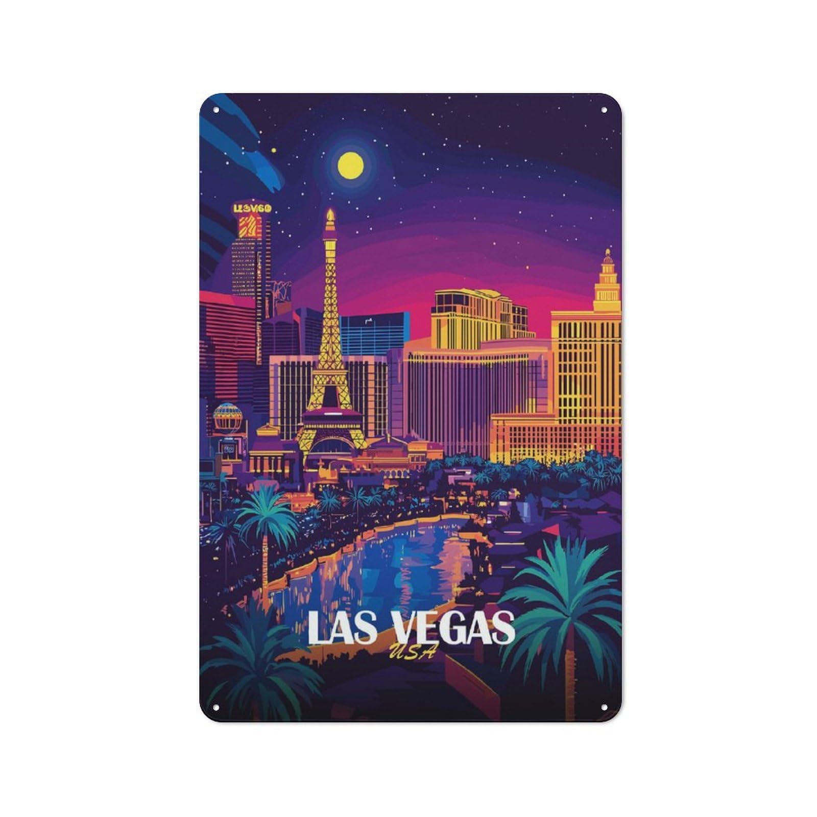 Junmoney Style-14 Tin Sign 30X20cm With Las Vegas Skyline At Night For Garage Wall, Retro-Style Decor, For Room Styling Across Garages And Workshops
