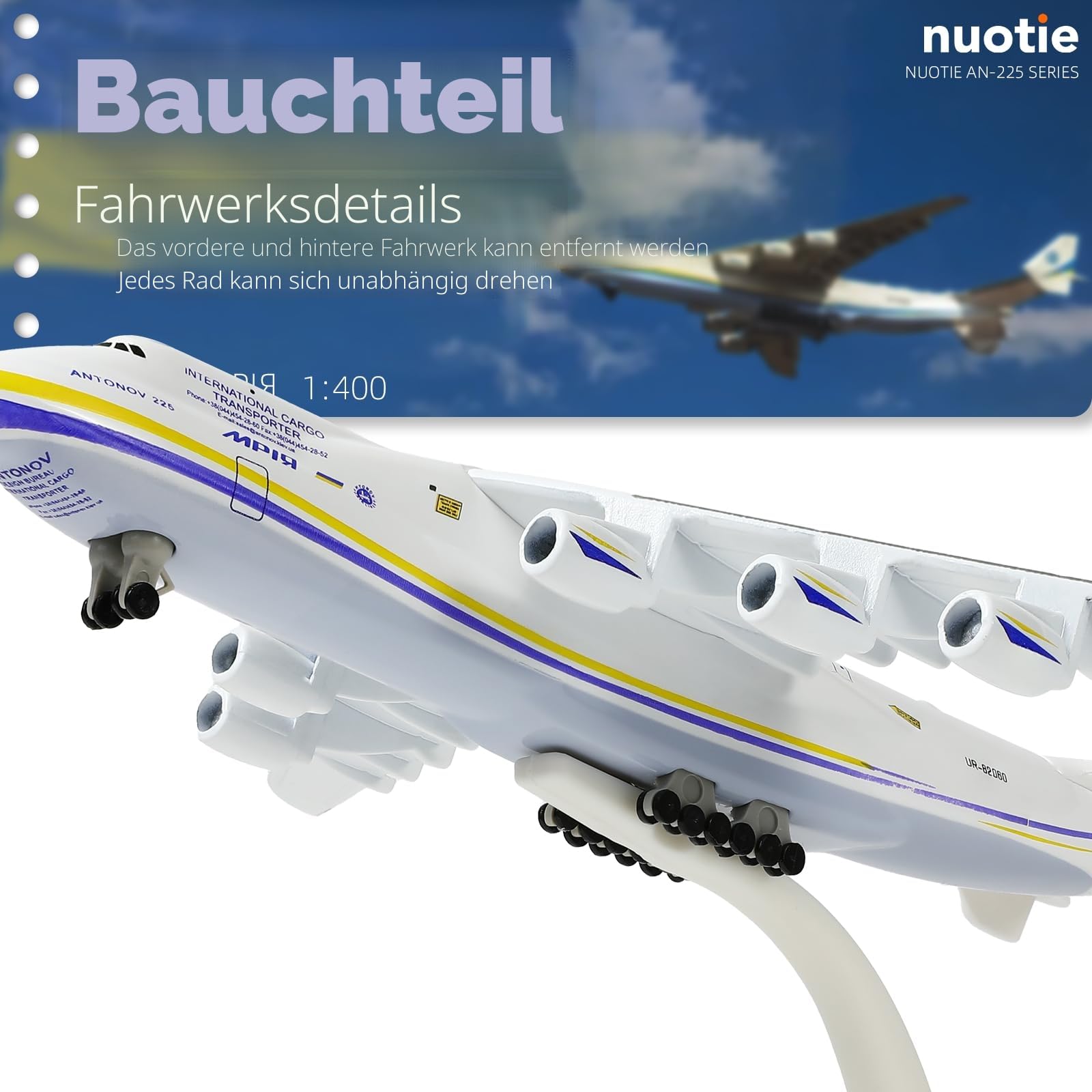 NUOTIE Antonov AN-225 Mriya 1/400 Diecast Metall Flugzeug Modellbausatz Militärtransport Flugzeugmodell mit Ständer für Sammlungen oder Geschenk (Ukrainische Malerei)