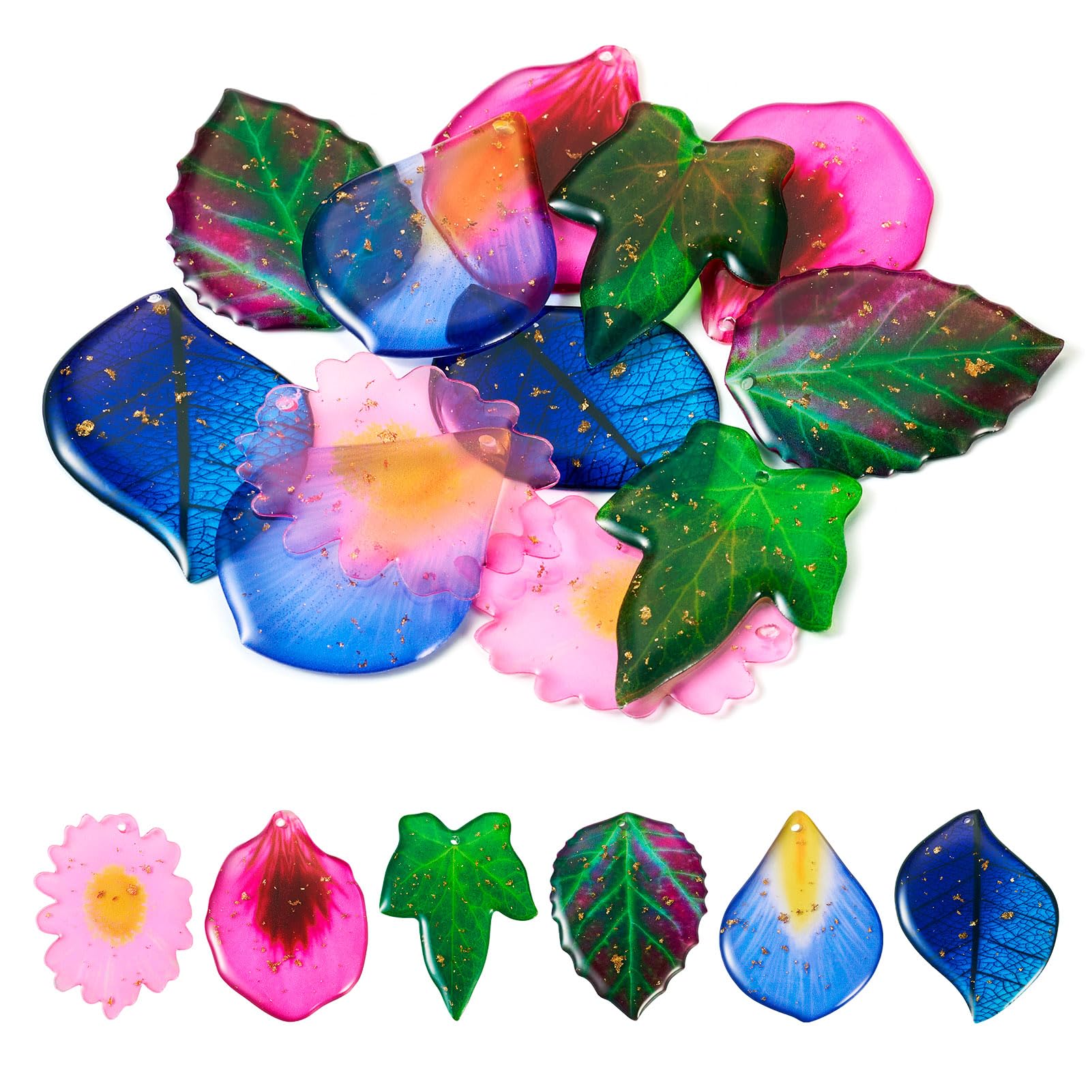 Beadthoven Leaf & Flower & Petal Resin Charms with Gold Foil Maple Leaf Assorted Flower Petal Pendants Foliage Blossom Charms for DIY Earring Jewelry Making, 12Pcs — image 1