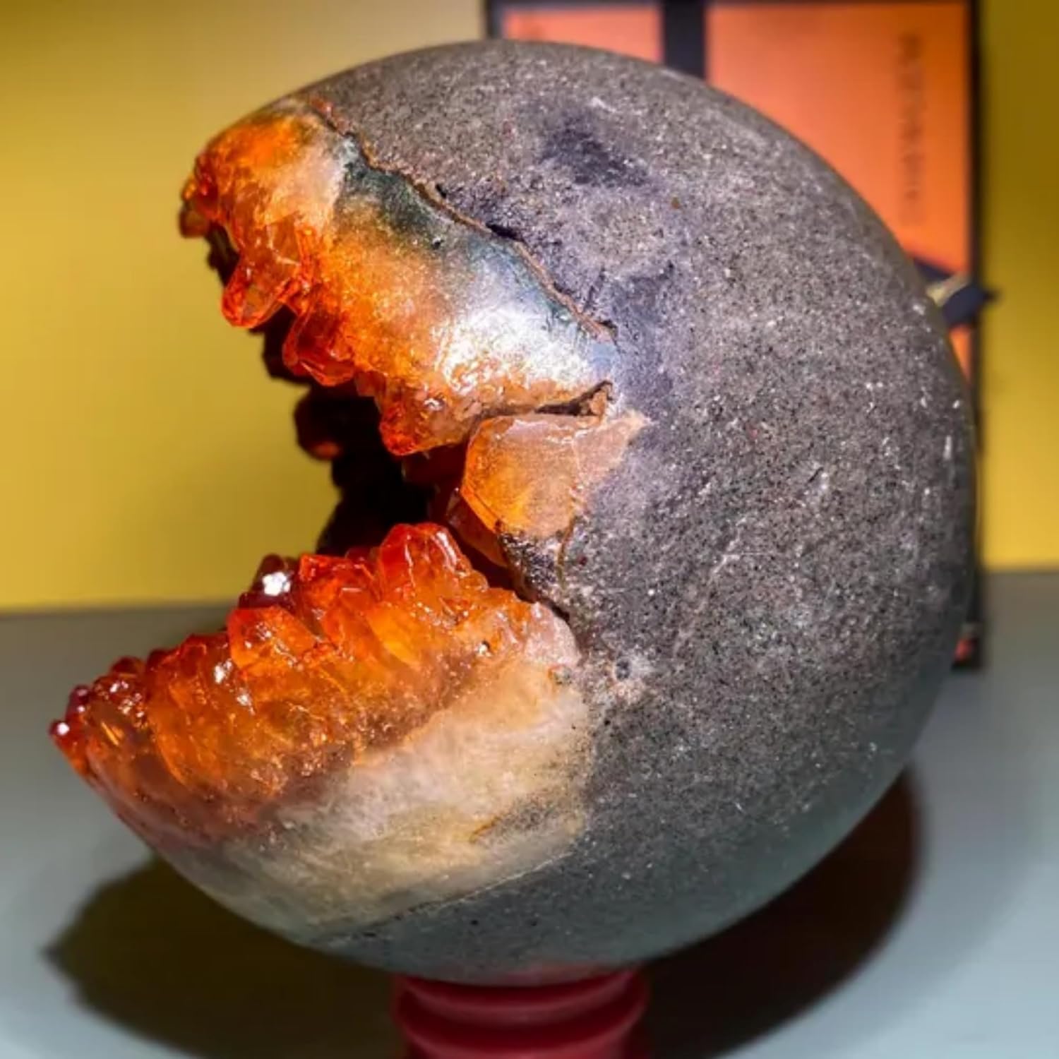 1Pc Natural Orange Geode Sphere, 3.15-3.34 Inch Orange Smiley Geode Cluster Sphere, Crystal Cave Formation, Mineral Vug Specimen