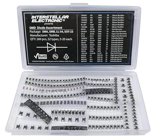 SMD Diodes Assortment 260 pcs, SOT-23 LL-34 SMA SMB, 1N4001, 1N4002, 1N4004, 1n4007, RL-207, 1N5408, FR107, UF4007, SF14, SF18, 1N5819, SR1100 SR240, SR2100, 1N5822, SR3100, SR540, 1N4148, BAV70