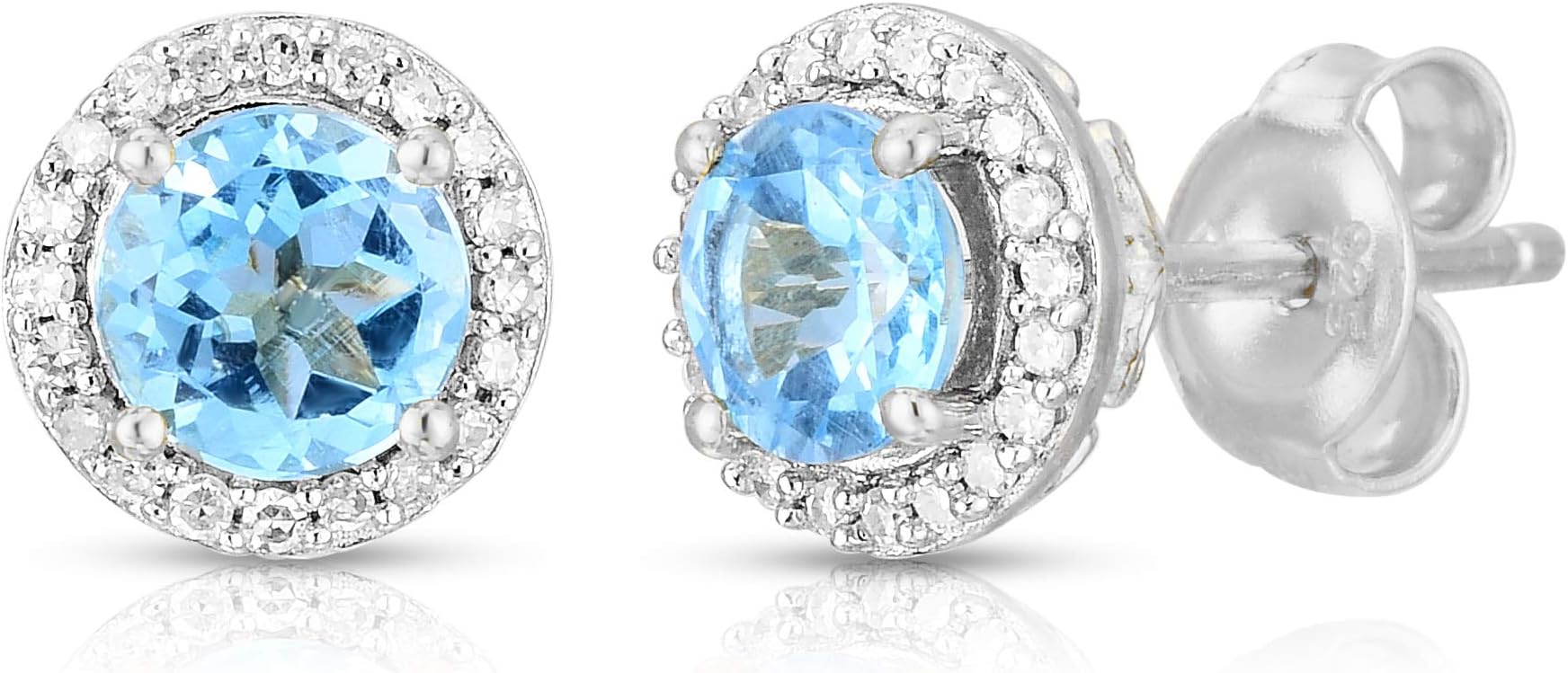 Halo Birthstone Stud Earrings with Diamond in 925 Silver (Swiss Blue Topaz)
