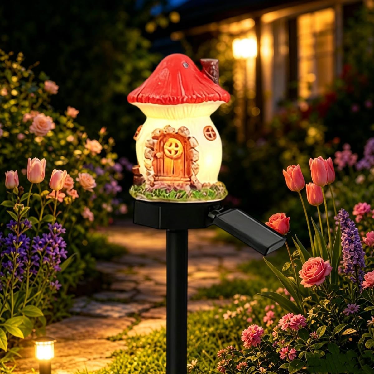 EHOTER Solar Fairy Mushroom Cottage Garden Light Waterproof LED Outdoor Mushroom House Statue Decor Lamp Resin Mushroom Cottage Figurine Auto On/Off Landscape Pathway Light for Yard Patio Lawn (Red)