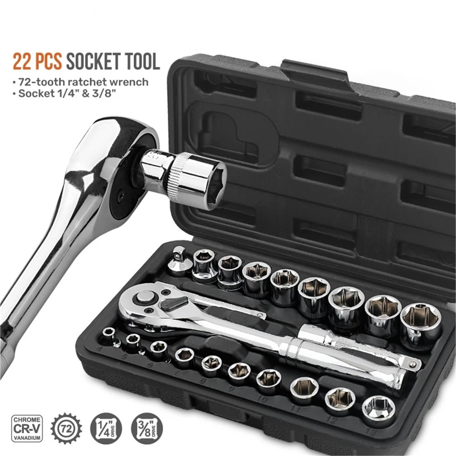 Juego de Llaves Tubo 46/22 Piezas con accionamiento 1/4" y 3/8", Kit Herramientas Profesional Acero Estuche Compacto Negro for reparación automóviles para Hogar o Garaje(46PCS)