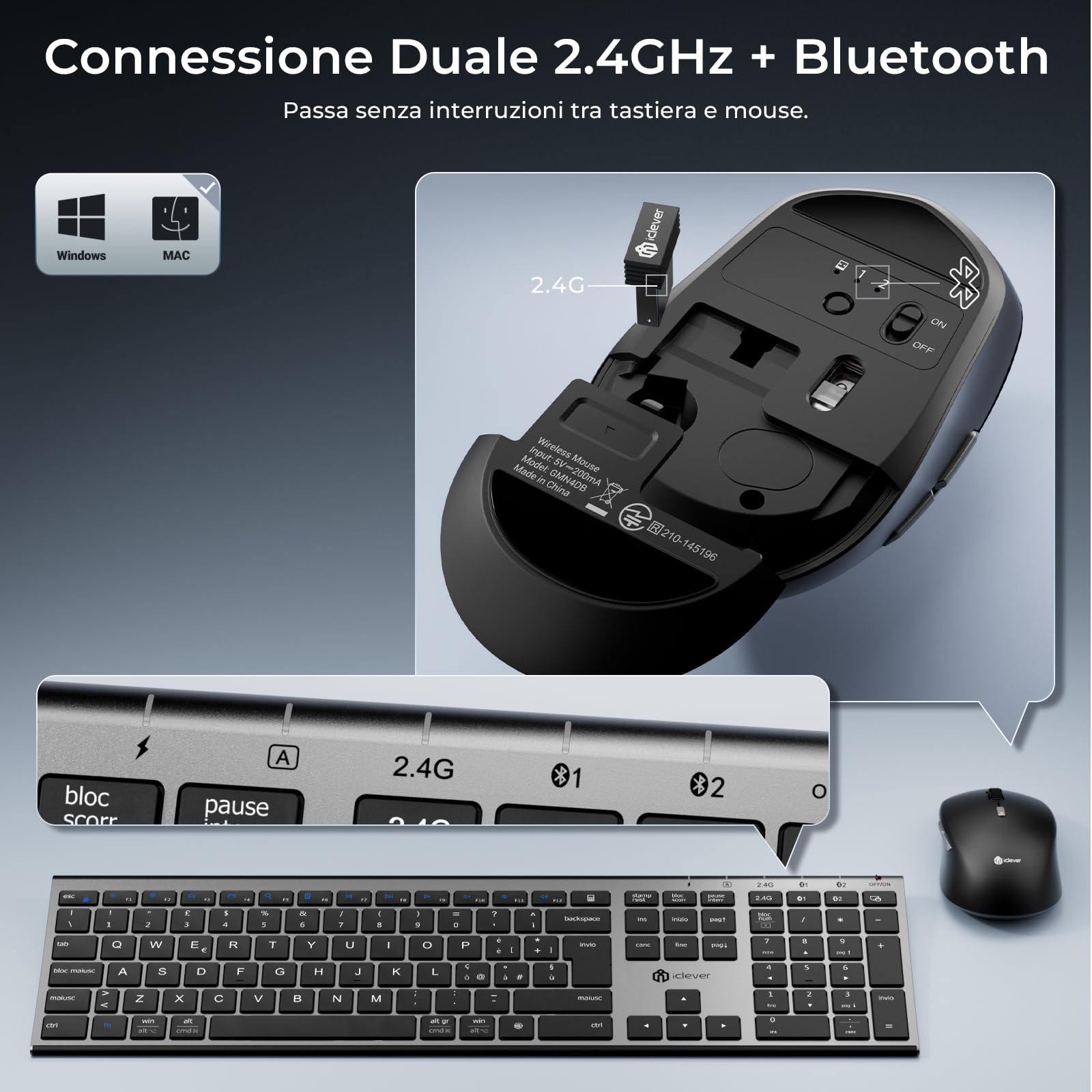 iClever Tastiera e Mouse Wireless Bluetooth, Tastiera e Mouse Doppia Modalità (Bluetooth + 2.4G) Ricaricabile, Layout Italiano QWERTY, Silenziosa for Mac, iPad, PC, Laptop, Desktop, Tablet, Smartphone