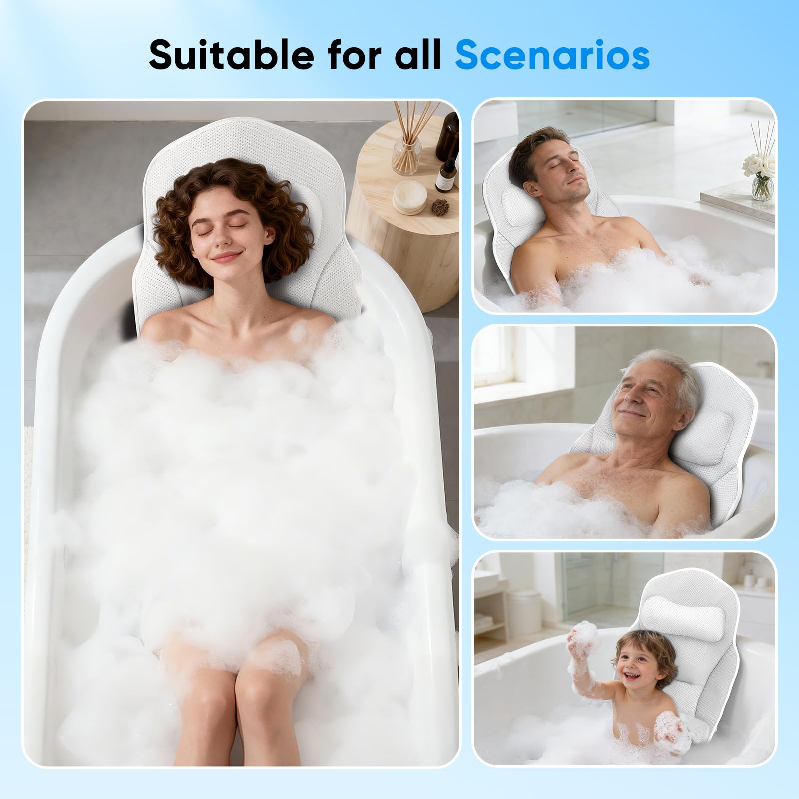 Coussin de Bain Complet, Oreiller de Bain pour Baignoire 131x38cm, Matelas Baignoire avec Appui-tête et Coussin Lombaire Amovible, Crochet de Suspension, Soutien de la Nuque et du Dos(Blanc)