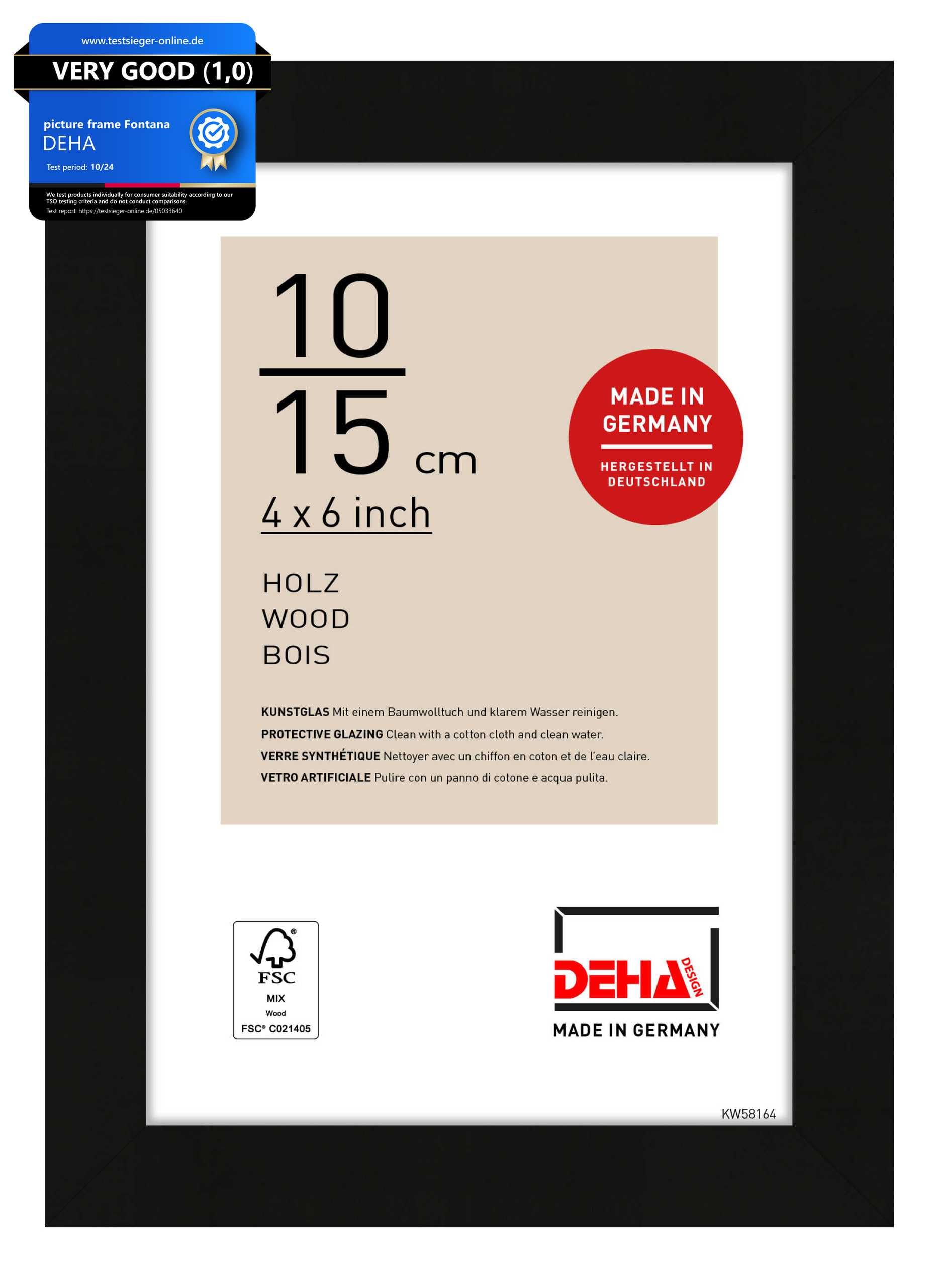 Deha Design Black Fontana Wooden Picture Frame - 10X15 cm (4X6 in) – - With Synthetic Glass And Push/Turn Clips