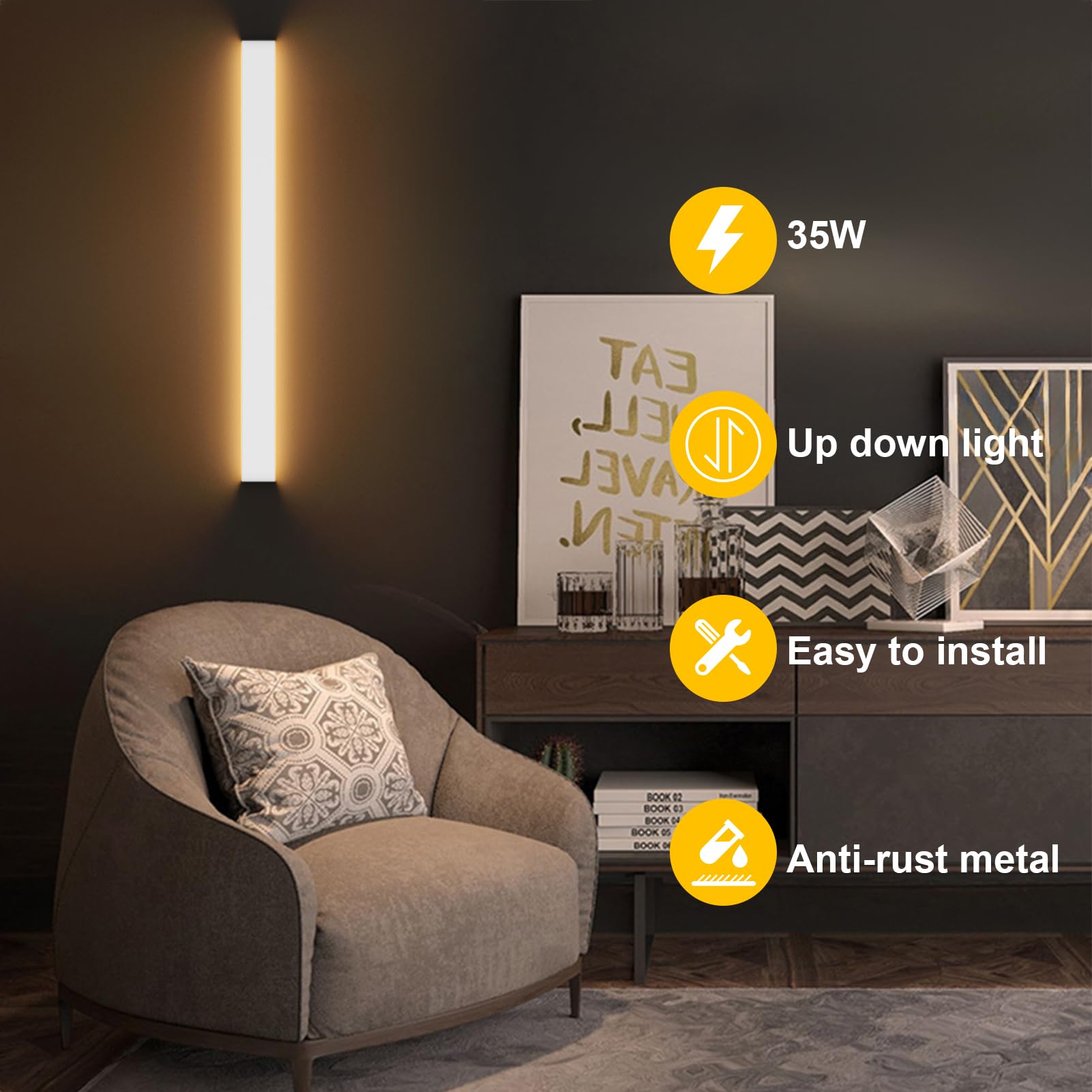 K-Bright 35W Lampada da Parete,IP 44 LED Applique da Parete con Stile Moderno Interni Lampada a Muro,3000K Bianco Caldo,4550 lumen,su giù il raggio di luce,Guscio bianco