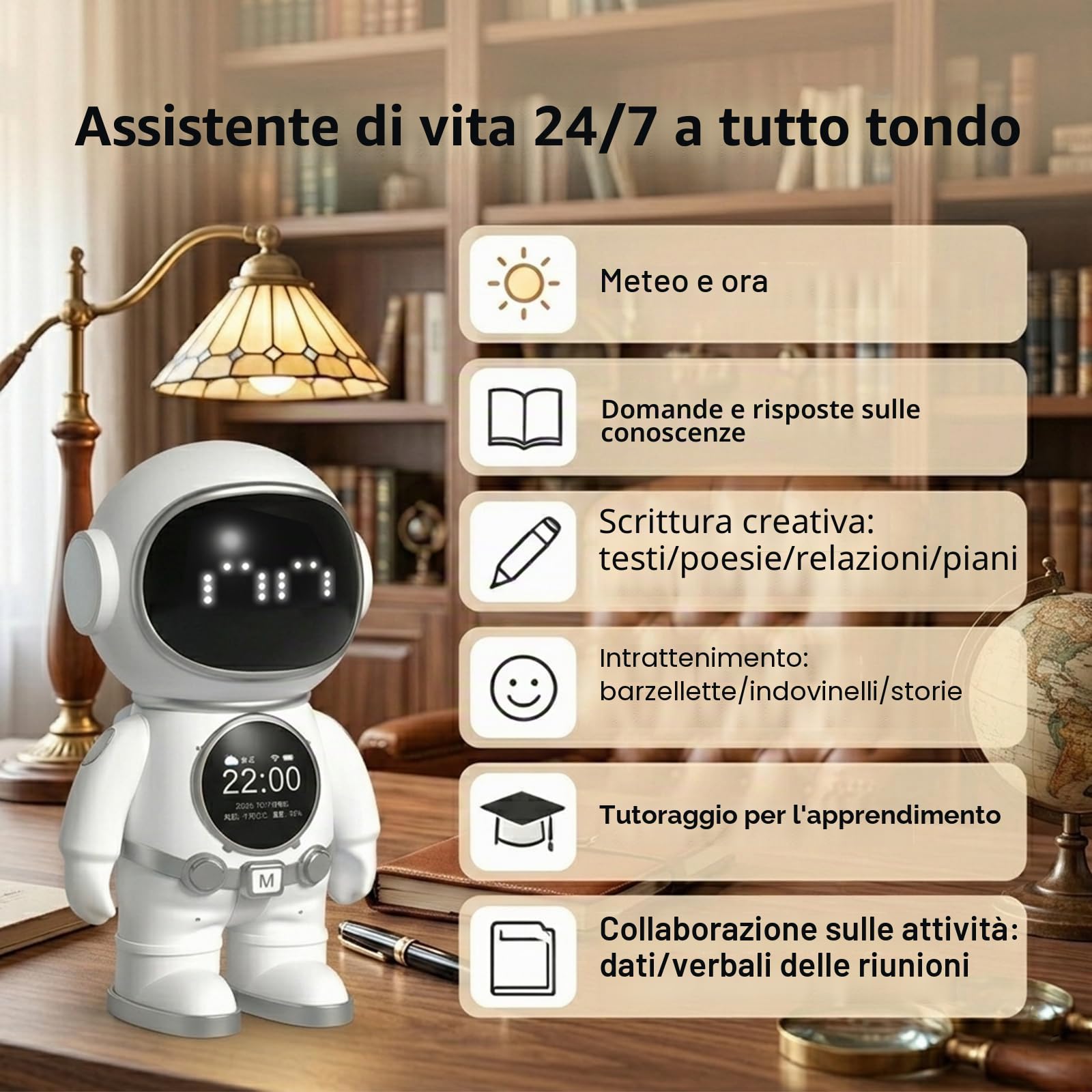 Astronauta AI - Robot da scrivania con 3 modelli Mainstream KI, controllo vocale, altoparlante Bluetooth, luce notturna, allarme intelligente e indicatore meteo, perfetto per ufficio
