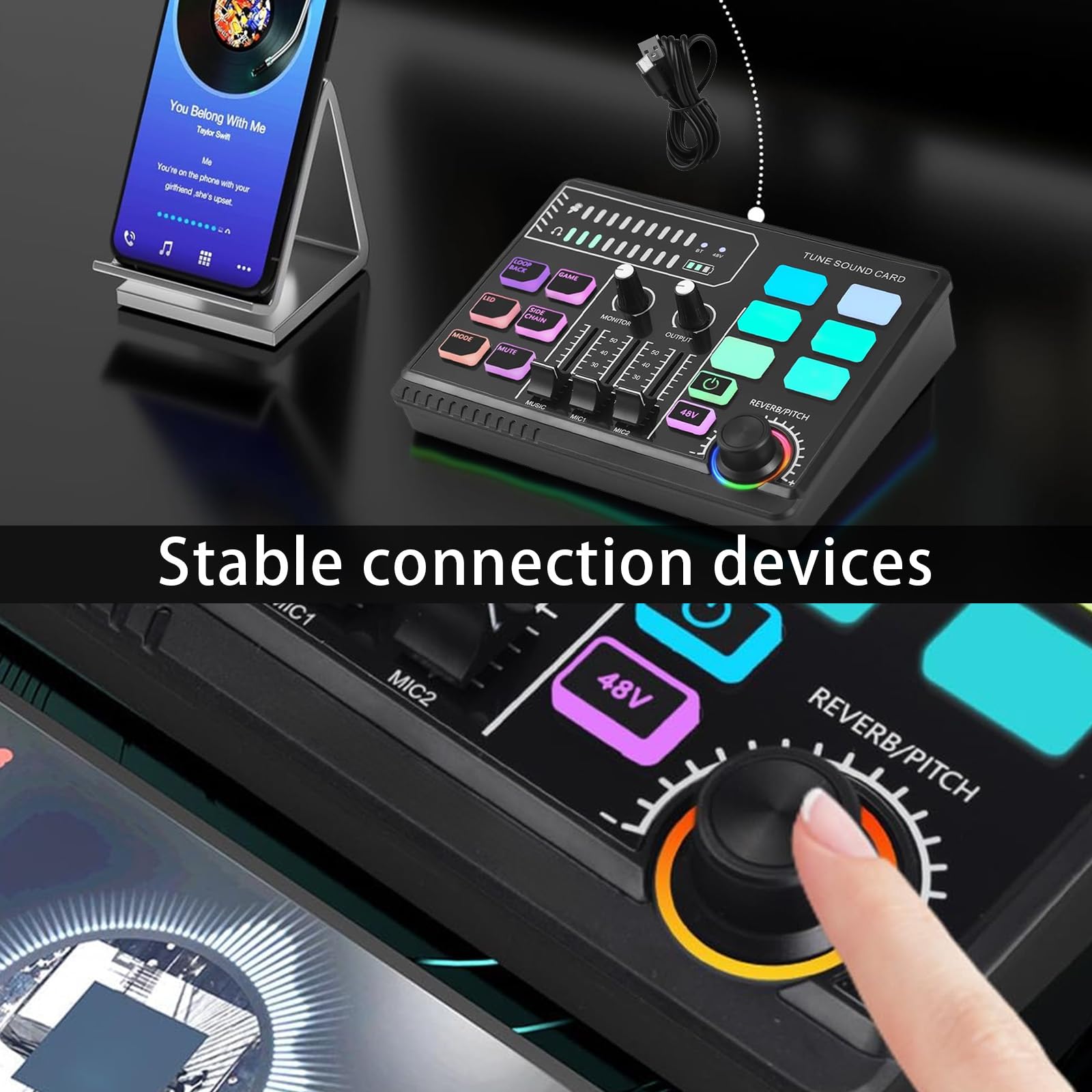 Mischpult, Gaming Audio Mixer Gaming Sachen RGB Soundkarte Audio-Interface mit Bluetooth Stimmverzerrer Funktion für PC/Phone/Gamer Creators/Live/YouTube/Individuelle Steuerung/Podcast