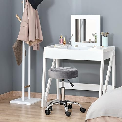 Miniatura 2 de HOMCOM Taburete redondo con elevación ajustable en altura, tapicería de estilo de lujo y asiento giratorio y ruedas, color gris
