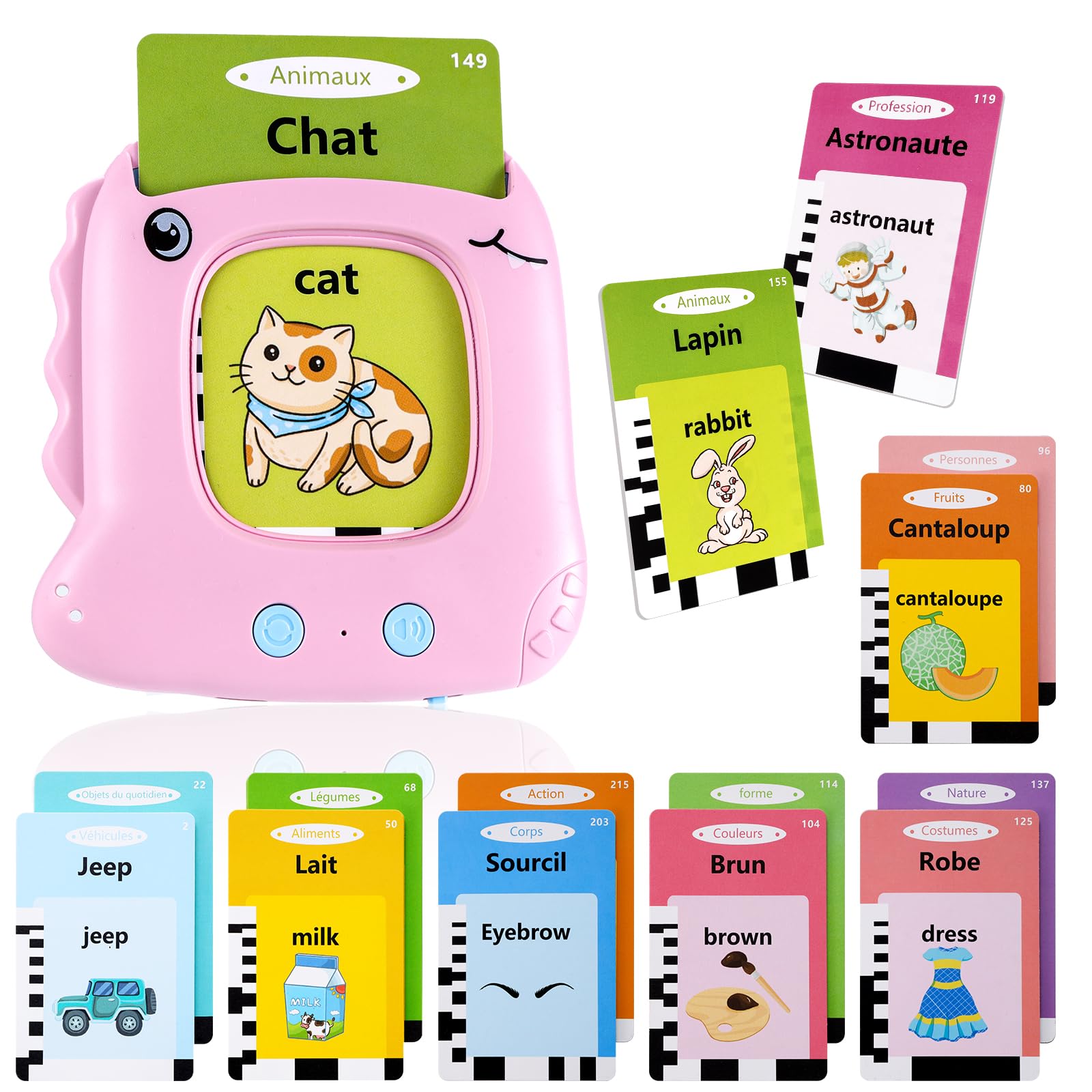 French English Talking Flash Cards for Toddler 2 3 4 5 6 Year Olds, Montessori & Preschool Educational Toys with 224 Words, Speech and Audible Therapy Toys, Birthday Gifts for Boys and Girls, Pink