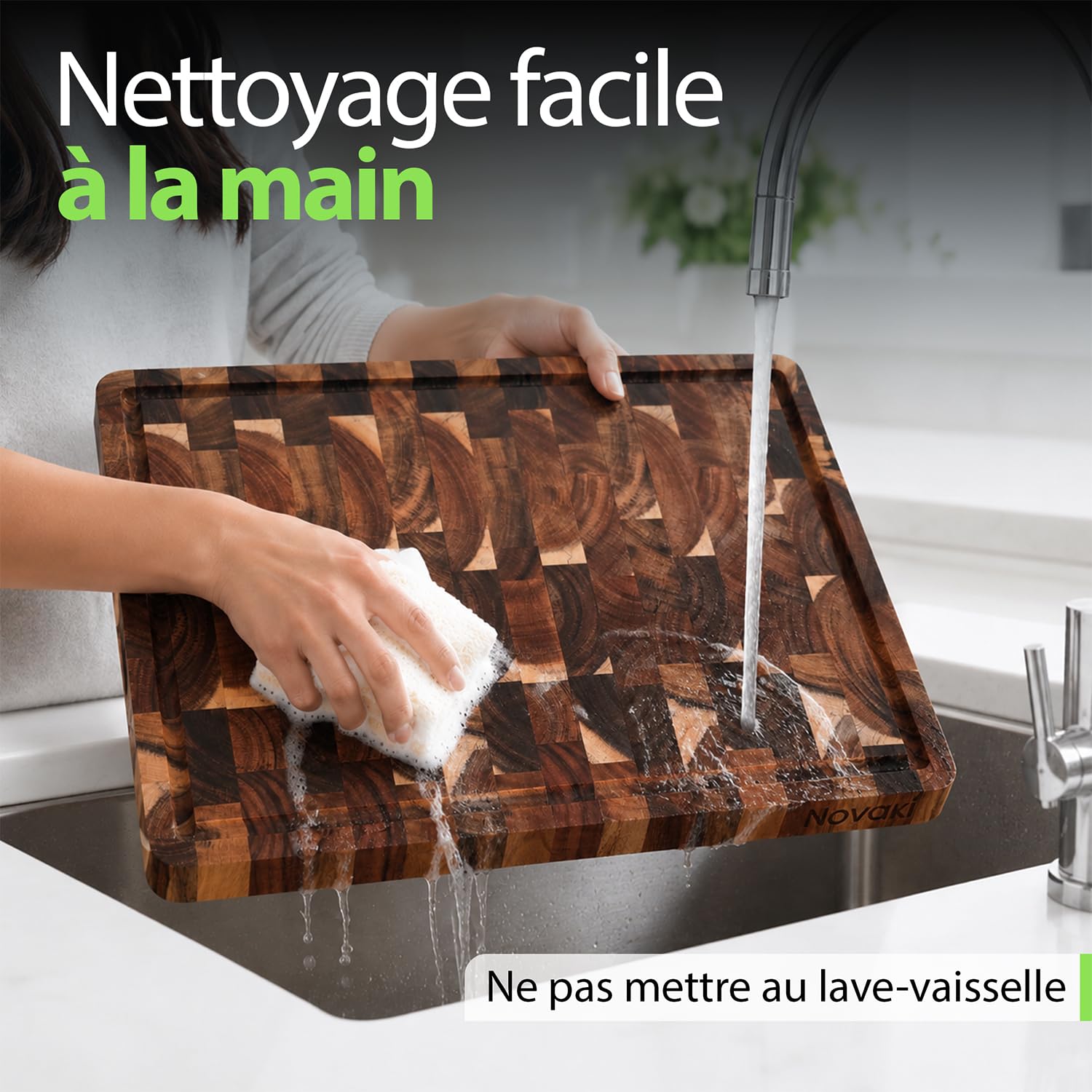 Novaki Planche à Découper Acacia Premium 40x30x2,5 cm – Bois de Bout Naturel, Double Face avec Rainure à Jus et Poignées – Fabrication Responsable et Matériaux Durables