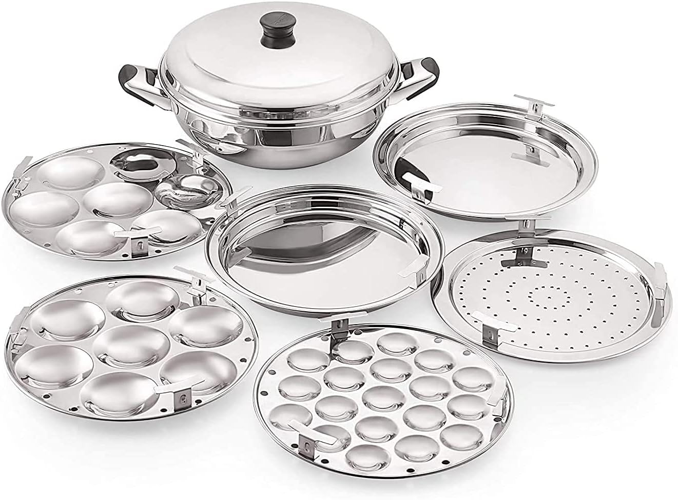 Tabakh Stainless Steel Multi Kadai with Steamer Plate, Mini Idli Plate, 2 Idli Plates, 2 Dhokla Plates, Induction Friendly