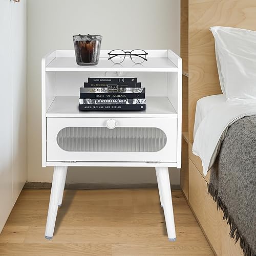 Miniatura 1 de Mesita de noche moderna de mediados de siglo con estación de carga, mesita de noche con puerta decorativa de vidrio y espacio de almacenamiento de 2