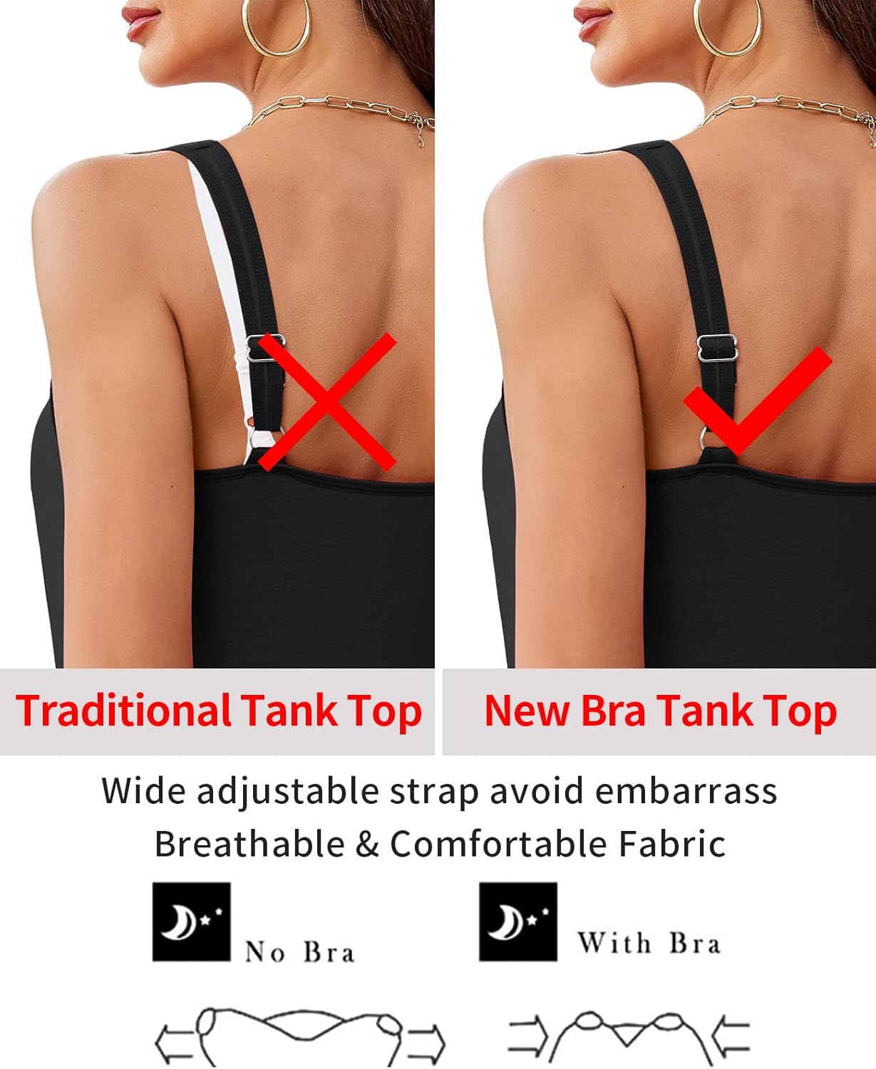 V FOR CITY Women Tank Top with Built-in Padded Bra Adjustable Wide Strap V-Neck Camisole Cotton Cami Shirts - Image 5