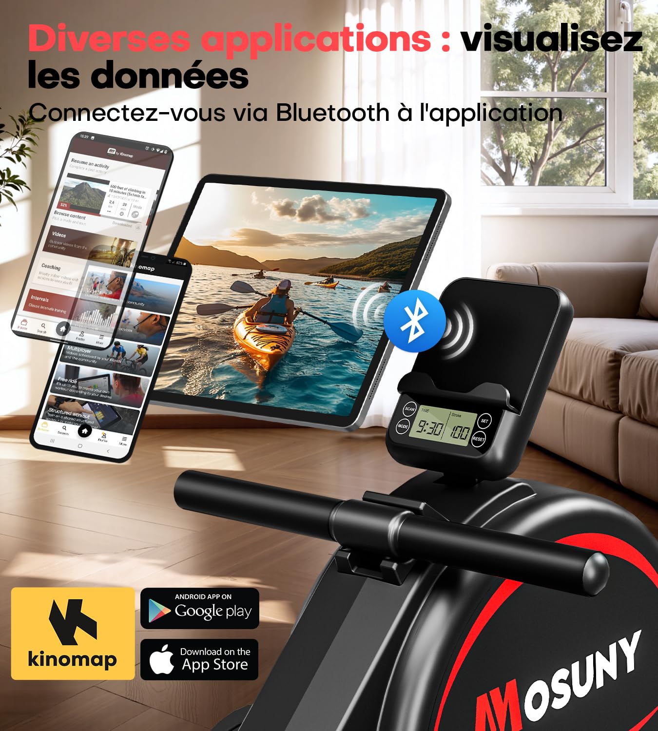Rameur Musculation D'appartement, MOSUNY 16/32 Niveaux de Résistance Rameur Magnétique, Glissières Doubles améliorées, Ultra Silencieux, App-Compatible, Capacité de Poids jusqu'à 160/180 kg