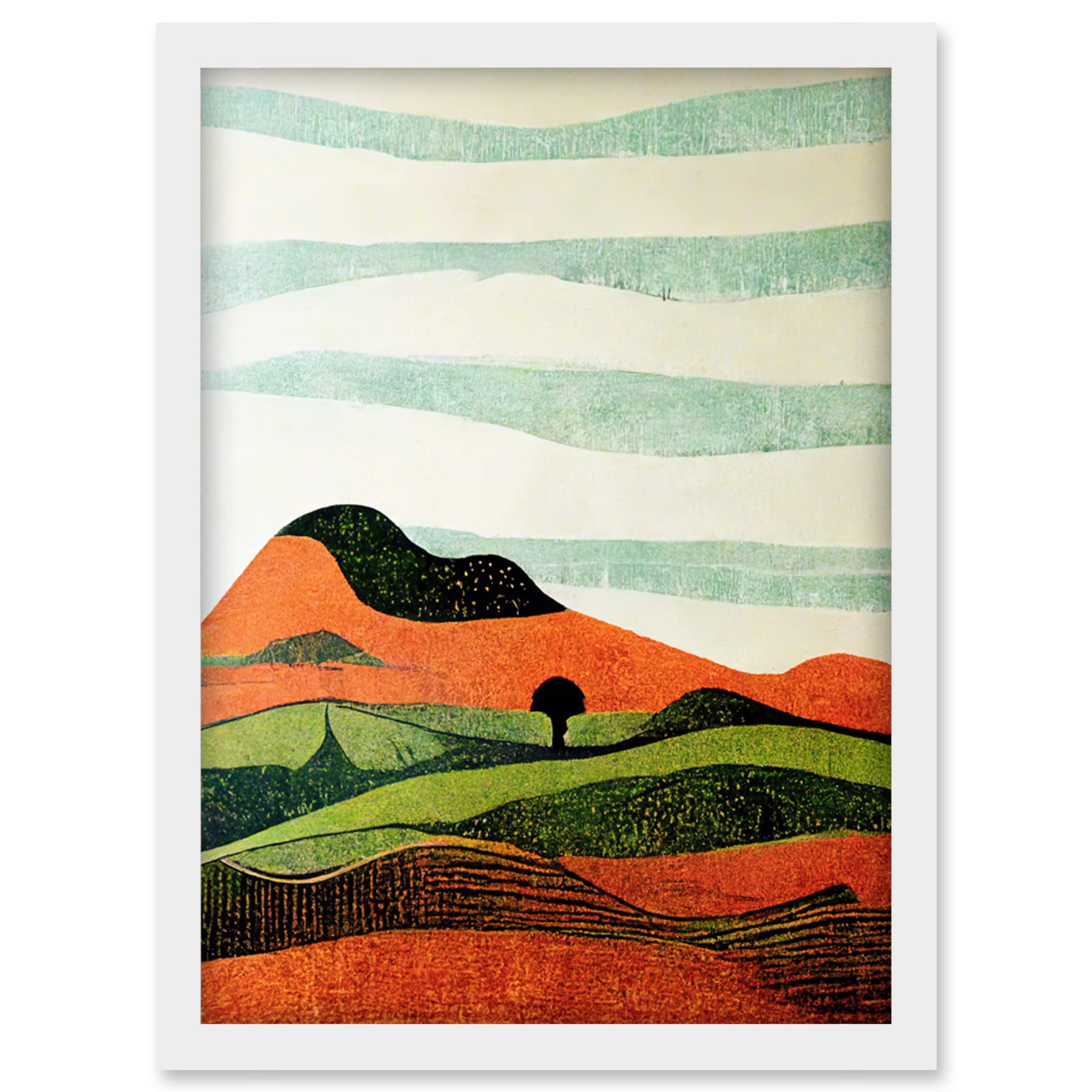 Doppelganger33 LTD Abstract Eclectic Tangerine And Olive Nature Landscape Linocut Illustration Artwork Framed Wall Art Print A4