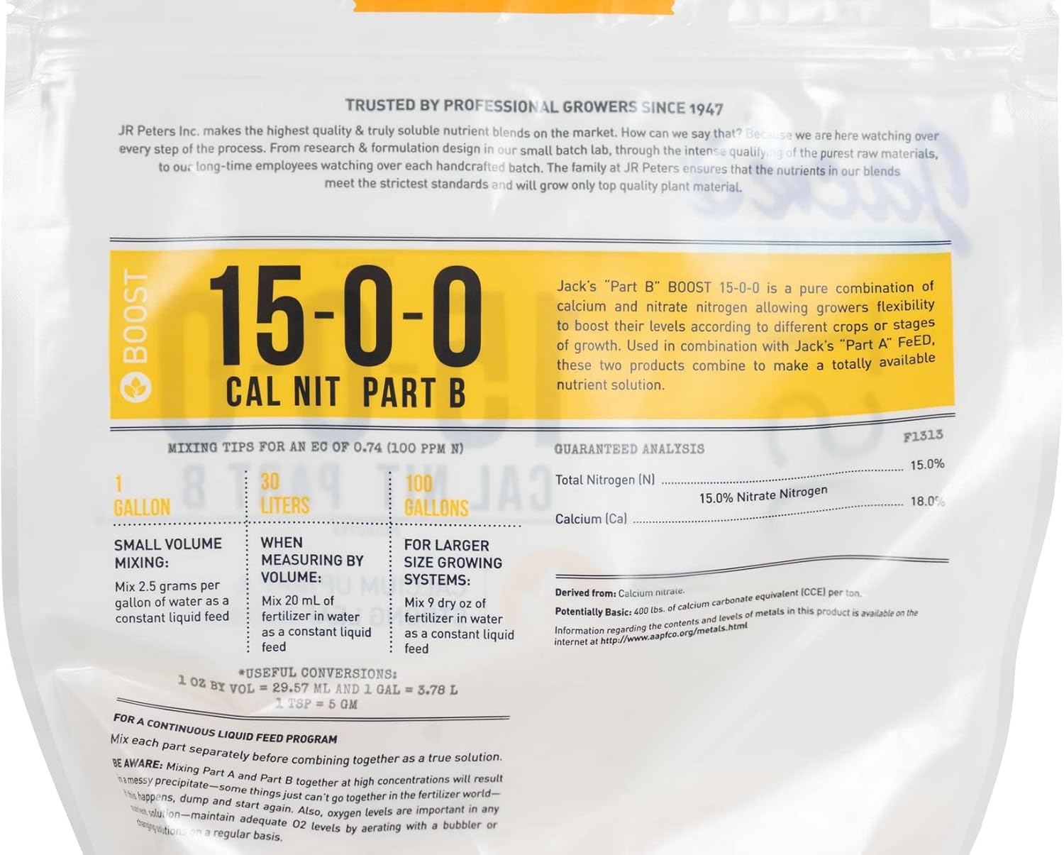 Jack's Classic Nutrients Calcium Nitrate Fertilizer 15-0-0 (Part A and B Dual Pack, 4.4 Pounds Total (Pack of 2))