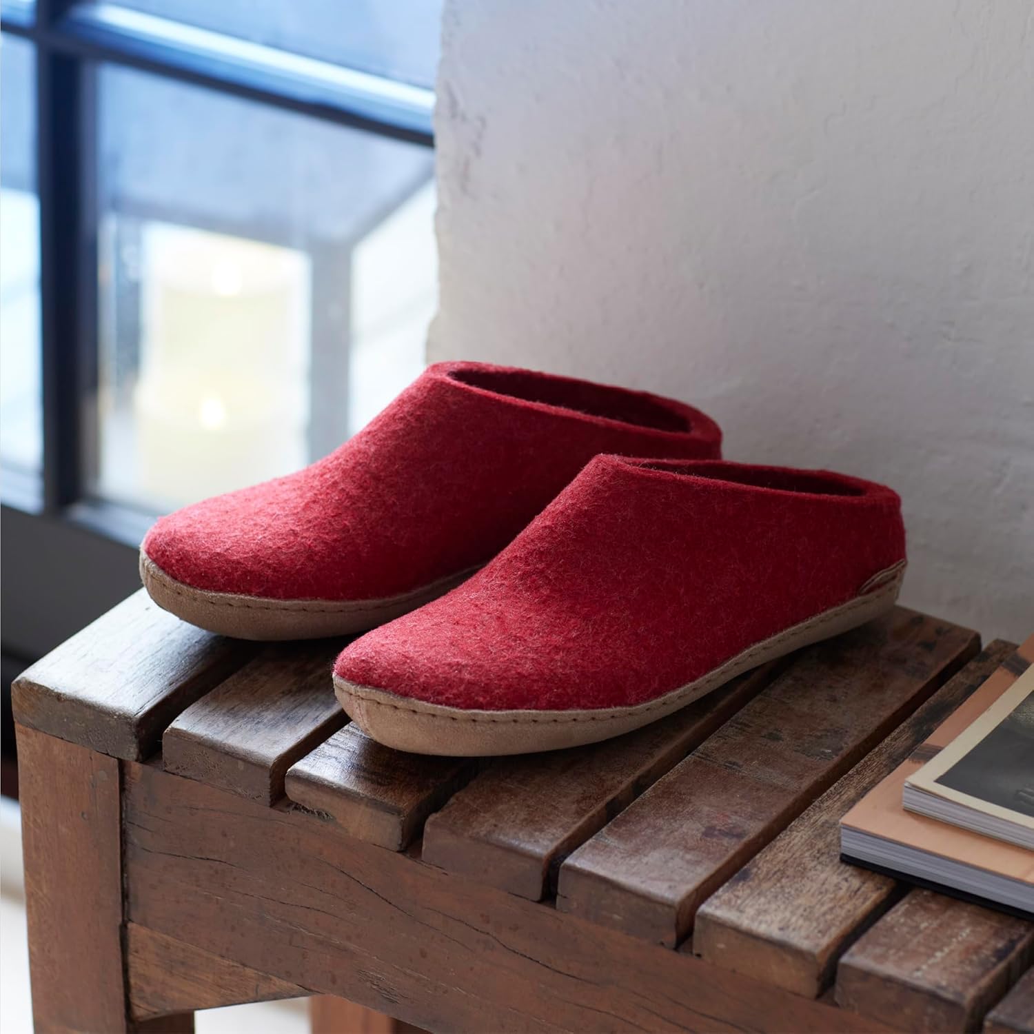 Glerups 100% quality wool mix Slipper with leather sole - Unisex Slip-on - Red - Image 6