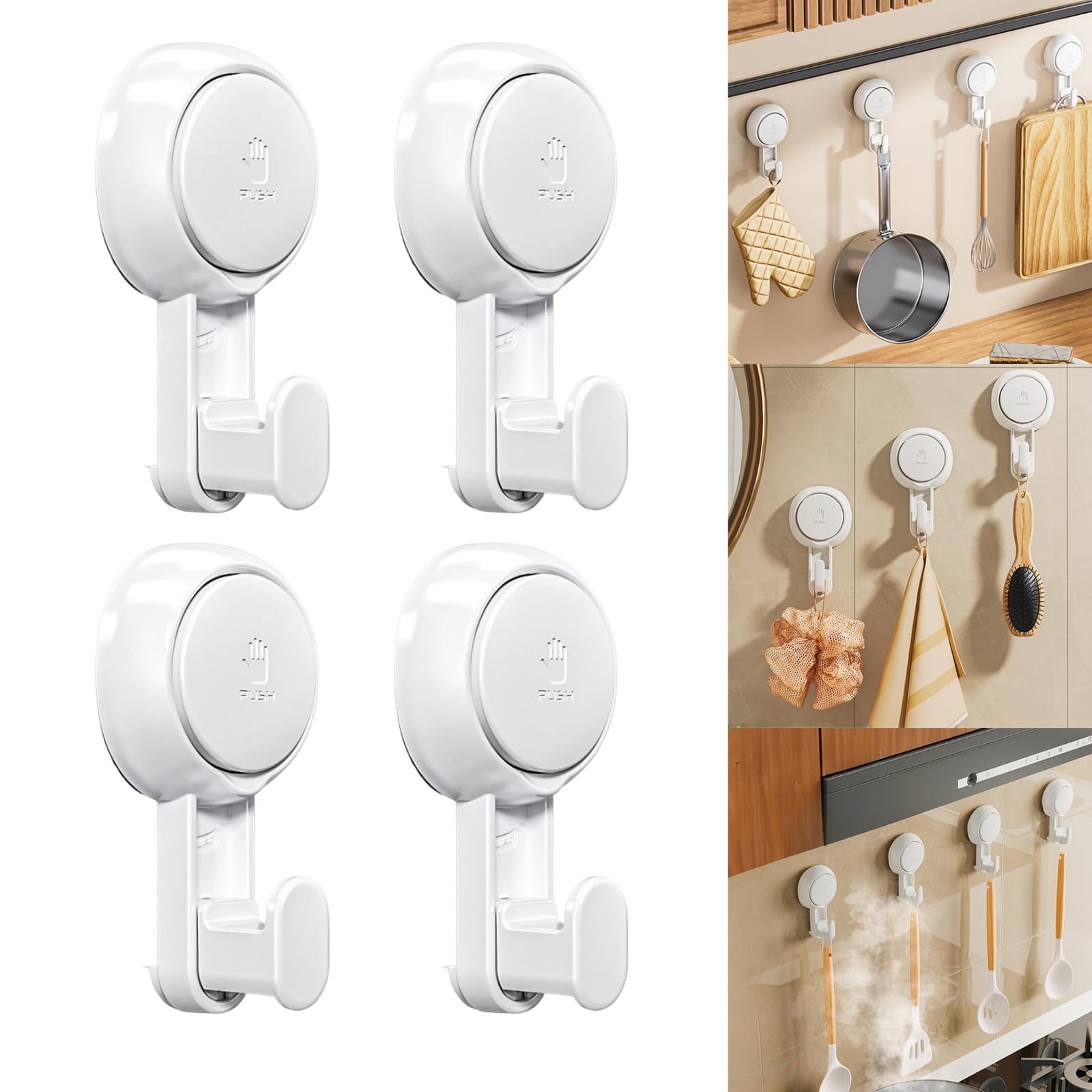 Boxonly Thick Hooks - Multi Suction Cup Hooks, Heavy-Duty Towel Holders, Waterproof and Reusable, for Bathroom and Kitchen - 4 Pack
