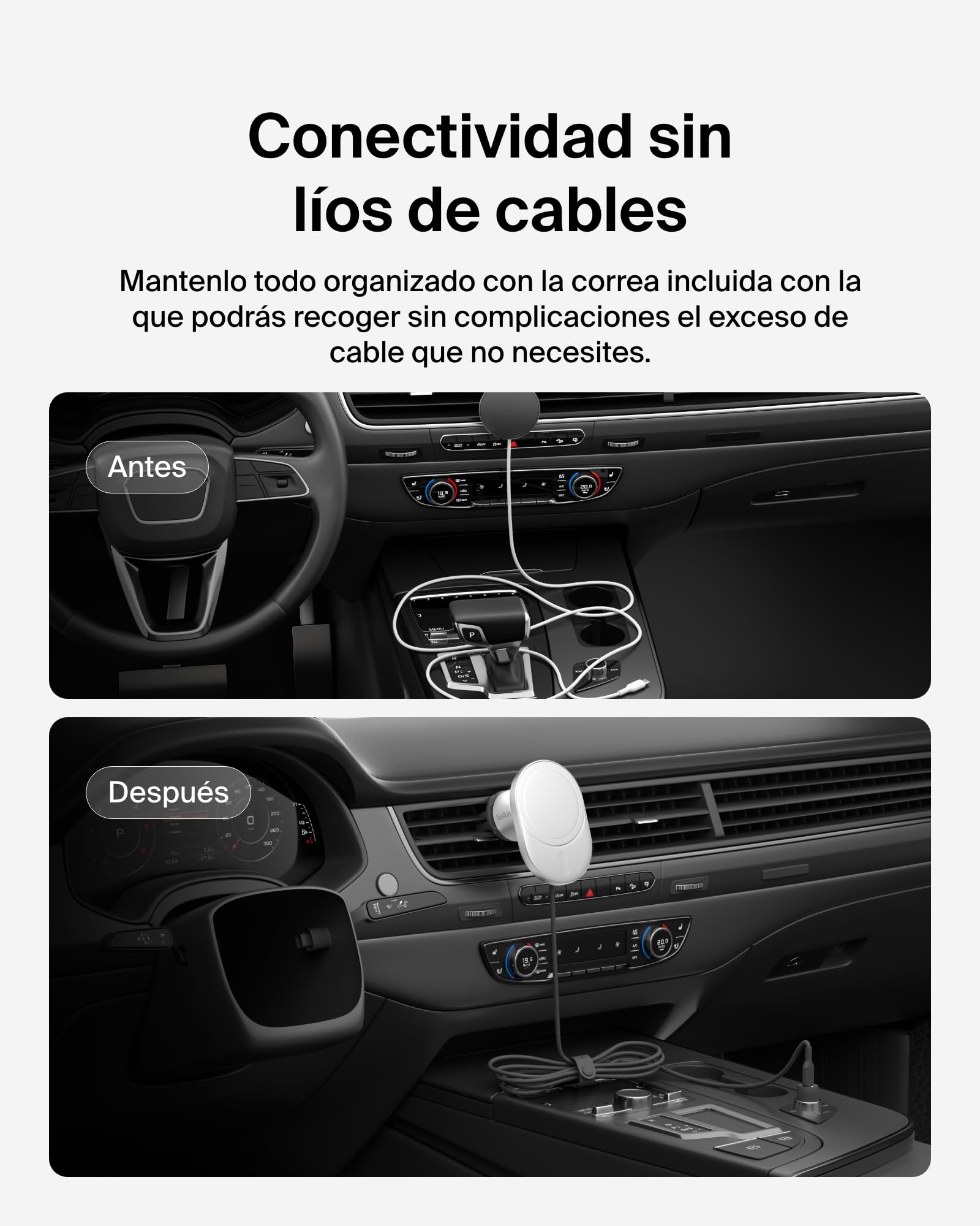 Belkin BoostCharge Pro Cargador Magnético Inalámbrico para Coche con Qi2 de 15W, Cargador Compatible con MagSafe para iPhone 17, iPhone Air, Adaptador de Corriente de 20W y Cable USB-C incluidos