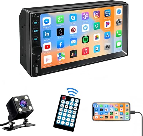 Double Din Car Stereo, 7 Inch HD Touch Screen Car Radio with Backup Camera, Support Mirror Link, AMFM, BluetoothUSBTFAUXSWC