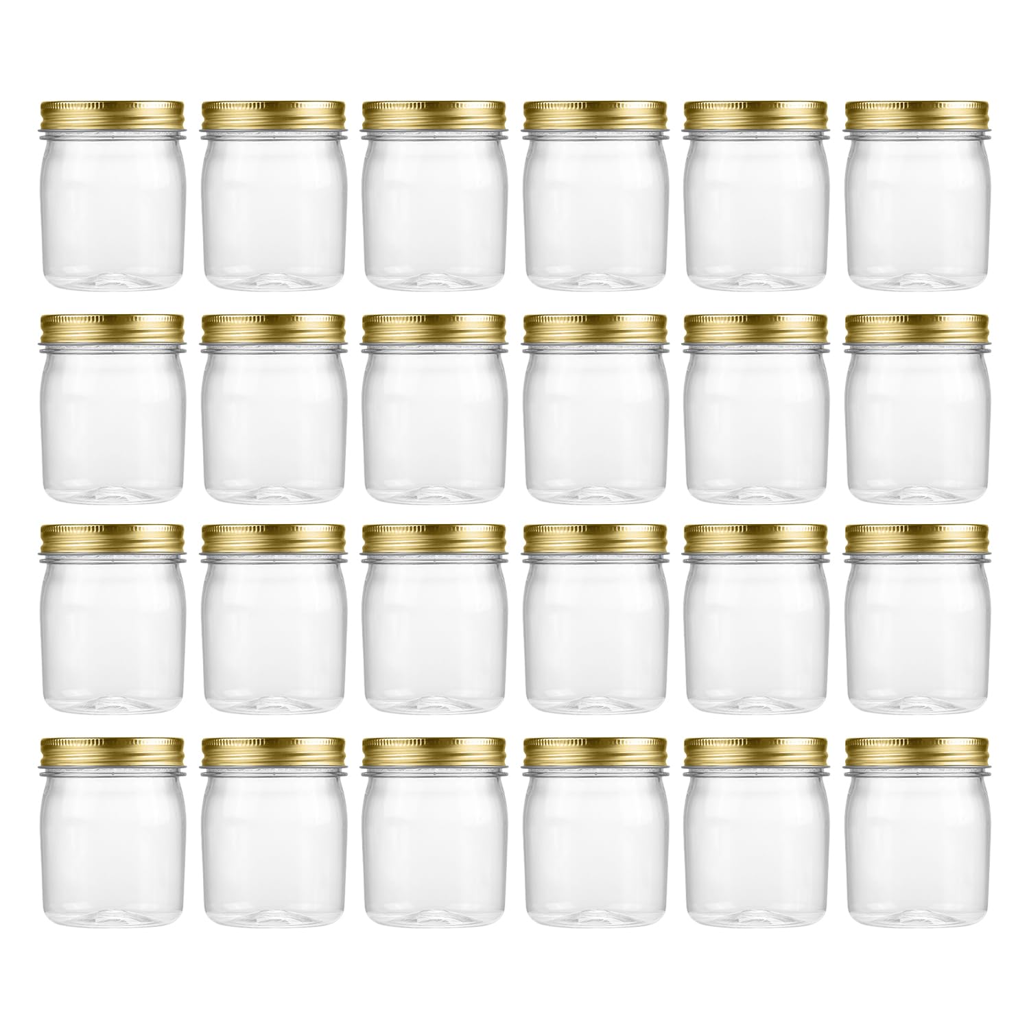 Novelinks 8 Ounce Plastic Jars with Gold Lids - Refillable Round Containers for Kitchen & Household Storage - BPA Free (24 Pack)