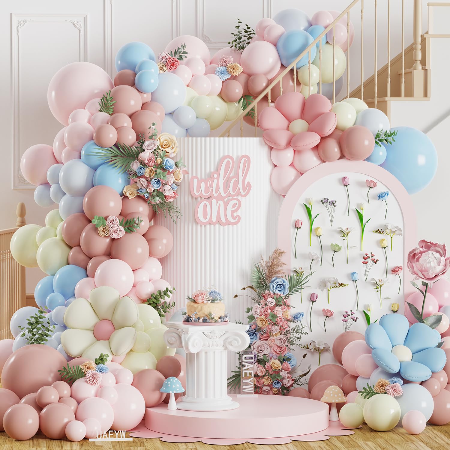 Spring Wildflowers Balloon Arch Kit 153Pcs Pastel Pink Blue Balloon Garland Kit, Daisy Flower Foil Balloons for Birthday Baby in Bloom Baby Shower