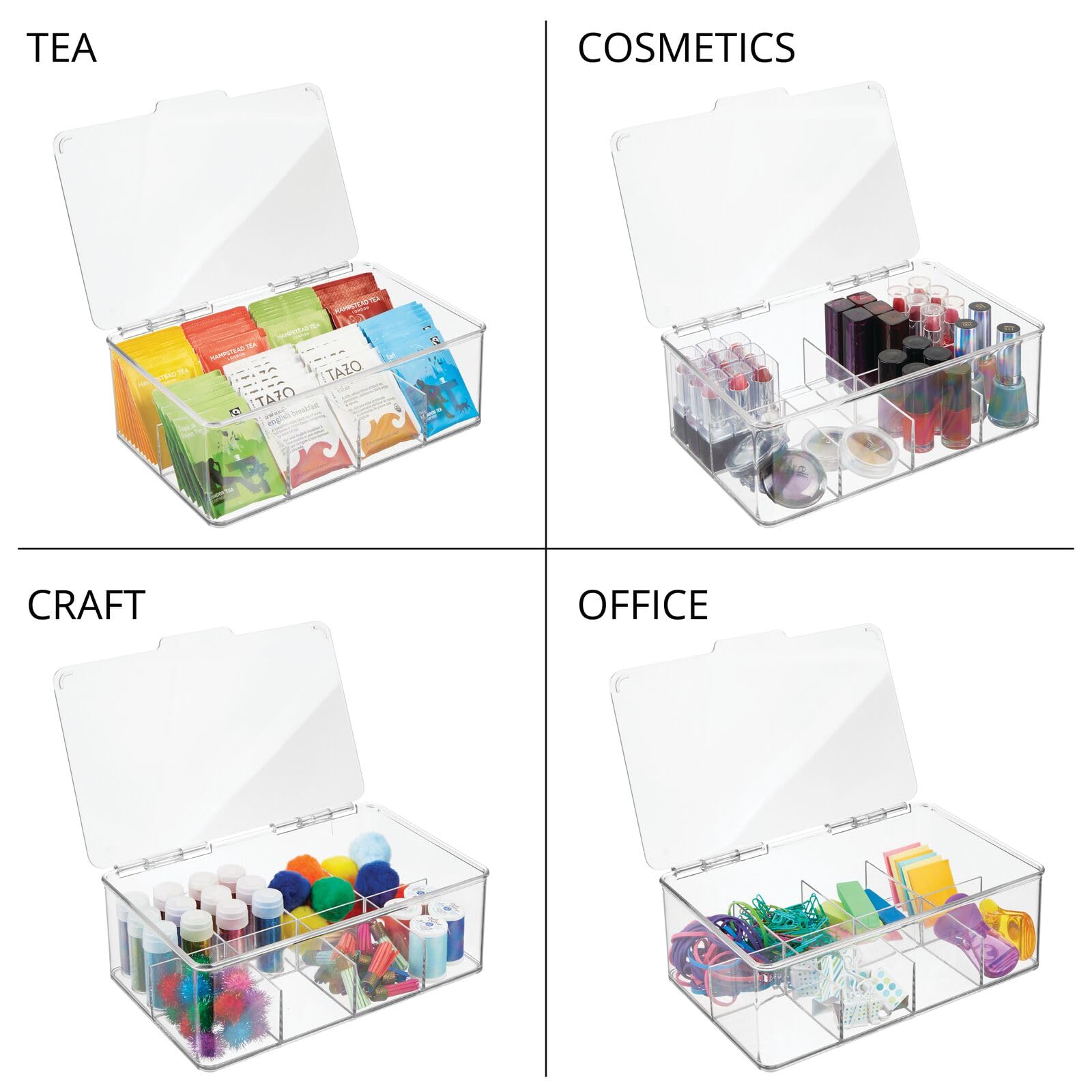 mDesign Boîte à thé avec couvercle - Boîte à thé empilable avec huit compartiments pour différents types de thé - Rangement clair et frais des sachets de thé en plastique - Transparent