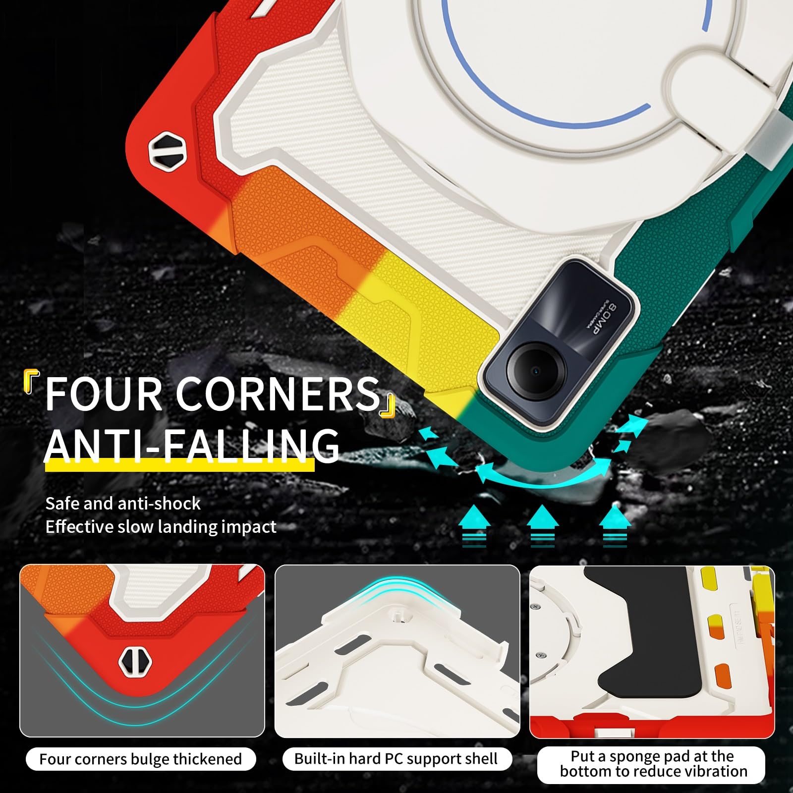 Custodia protettiva resistente per Xiaomi Redmi Pad SE 11" 2023, supporto rotante a 360°, tracolla, portapenne e anello per impugnatura, copertura antiurto, per bambini e adulti (rosso verde)