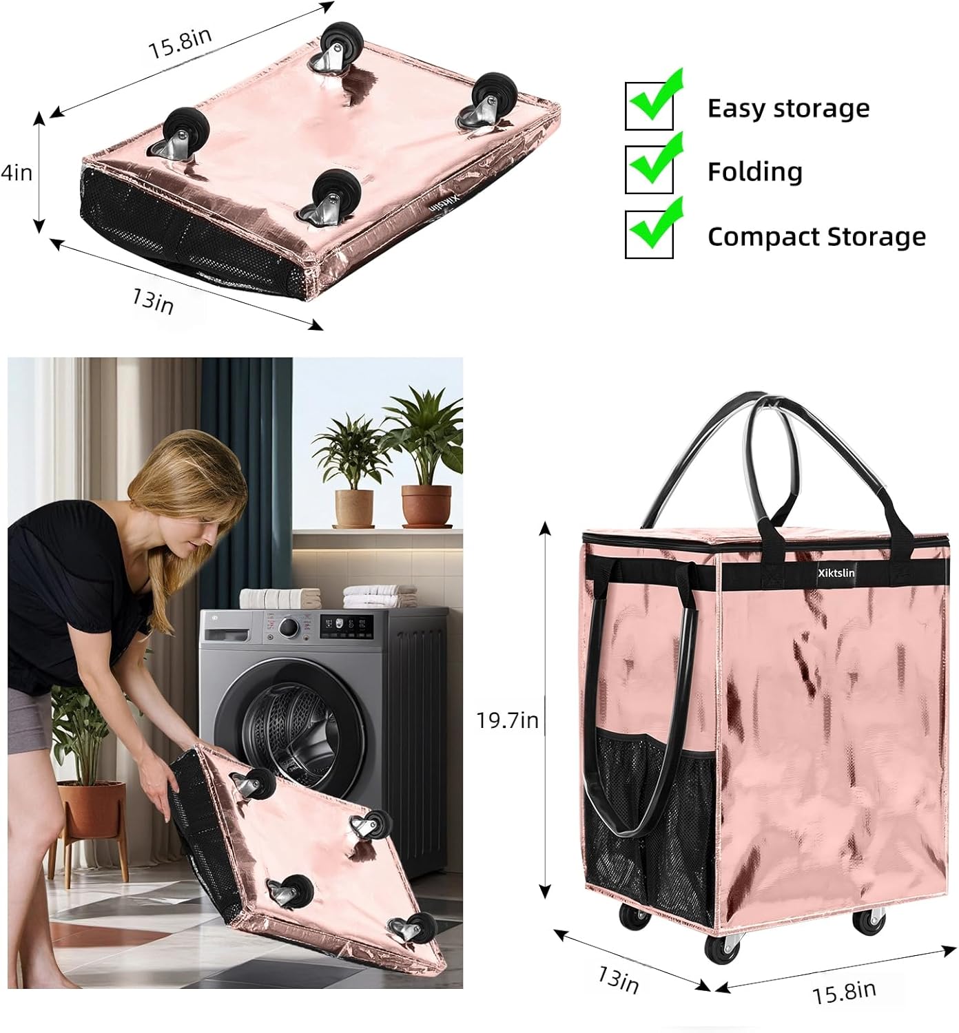 (Medium, Rose Gold) Reusable Grocery Bag on 4 Wheels, Foldable Rolling Tote Carries Up to 66lb Shopping Trolley, Rolling Bag with 3 Handles, Zipper Clouser Rolling Tote Bag with Wheels for Laundry