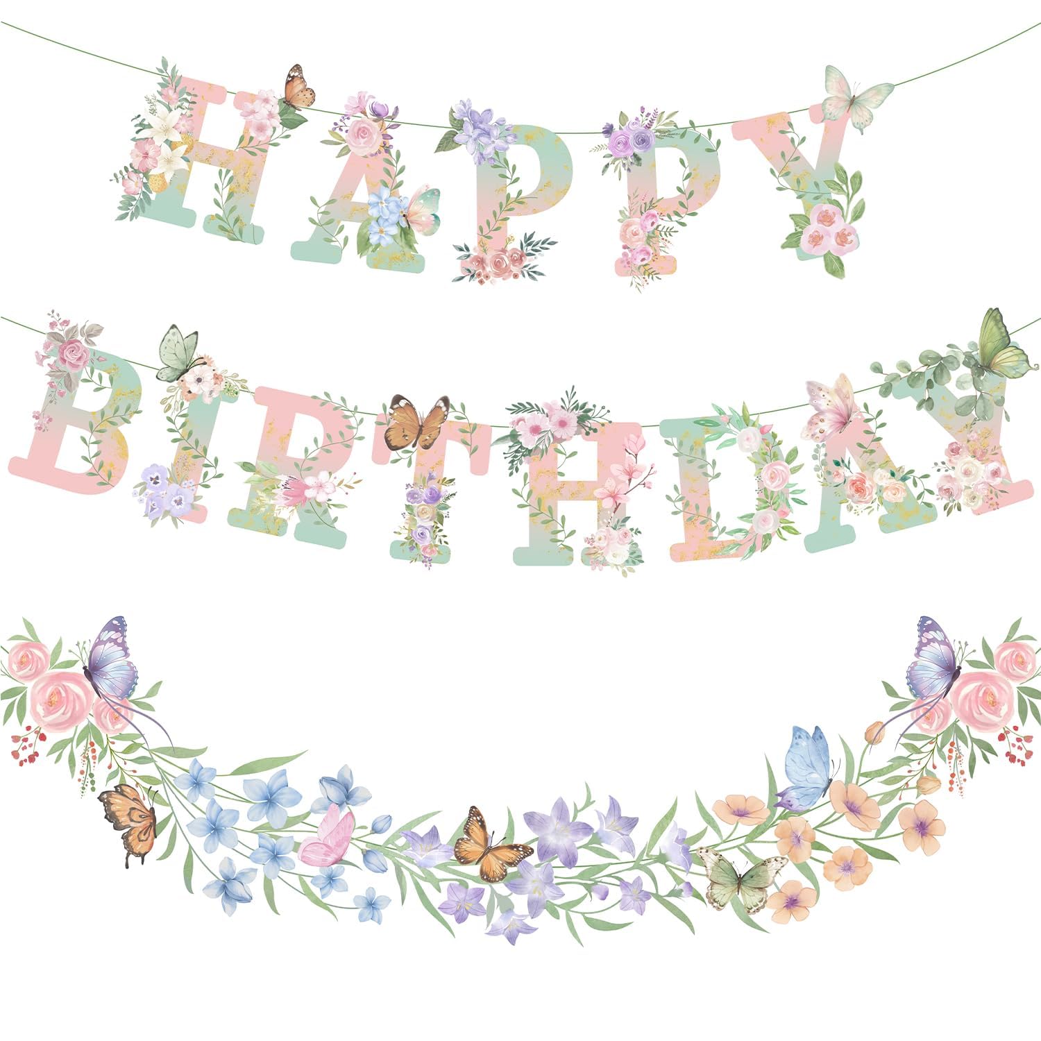 Tazuxetuqe Flower Butterfly Happy Birthday Banner Dusty Pink Sage Green Wildflower Garland Floral for Spring Summer Fairy Garden Tea Theme Wild One Bloom Birthday Party Supplies