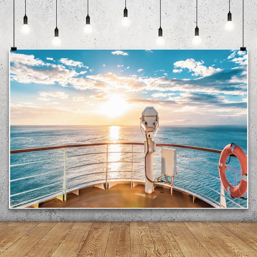 4,5x3m Fondo Fotográfico Yate de Lujo Privado Cubierta Antigua Salvavidas Atardecer Océano Azul para Retrato Niños Adultos y Atrezzo de Estudio