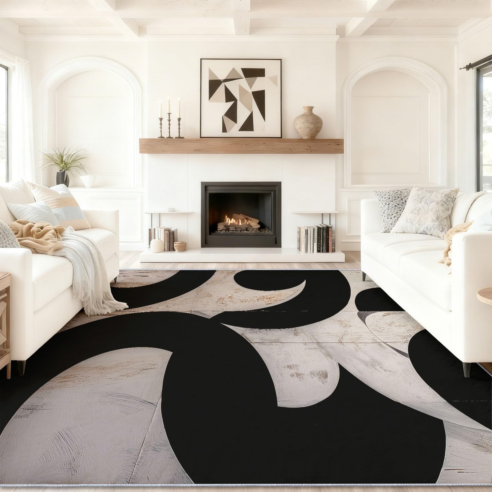 Geometryczny okrągły abstrakcyjny dywan do salonu 80 x 150 cm, czarny dywan z nadrukiem, można prać w pralce, antypoślizgowy z krótkim włosiem do sypialni i salonu, nowoczesny design