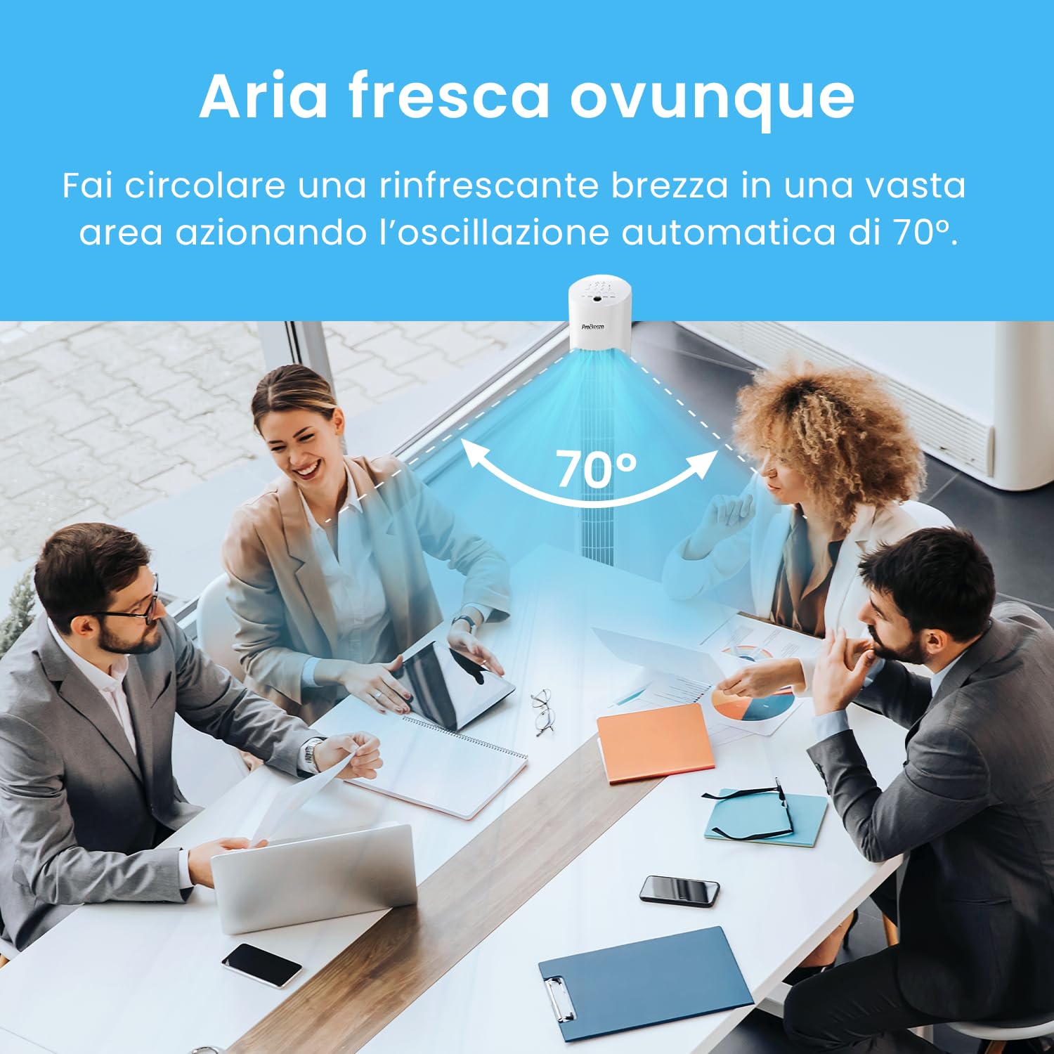 Pro Breeze Ventilatore a Torre Oscillante - 60W Con Timer 7,5 ore e Telecomando - Oscillazione a 70° Gradi e 3 Modalita di Raffreddamento- Altezza 79 cm
