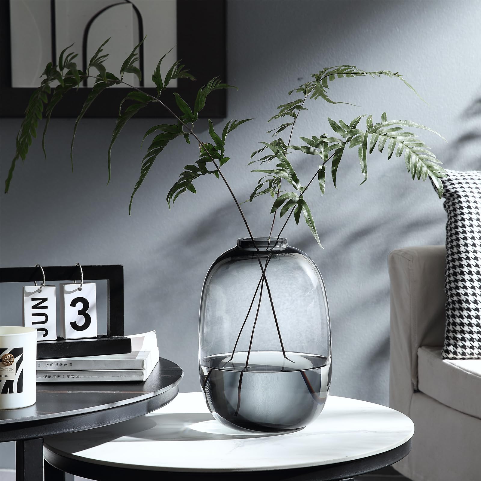 Jarrón de cristal, grandes jarrones ovalados grises, jarrón de vidrio soplado a mano de 10 pulgadas para decoración del hogar, centro de mesa moderno, regalo único (gris, grande)