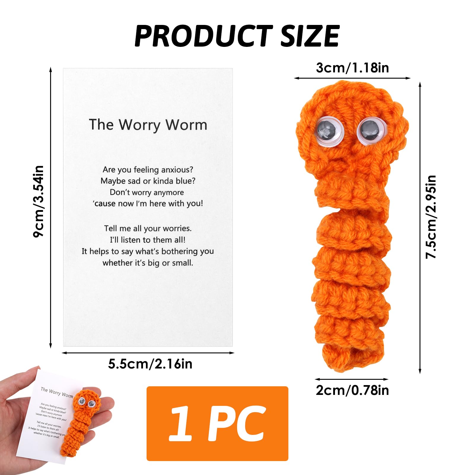 Xmas Handmade Crochet Worry Worm, Stress Relief Emotionals Support