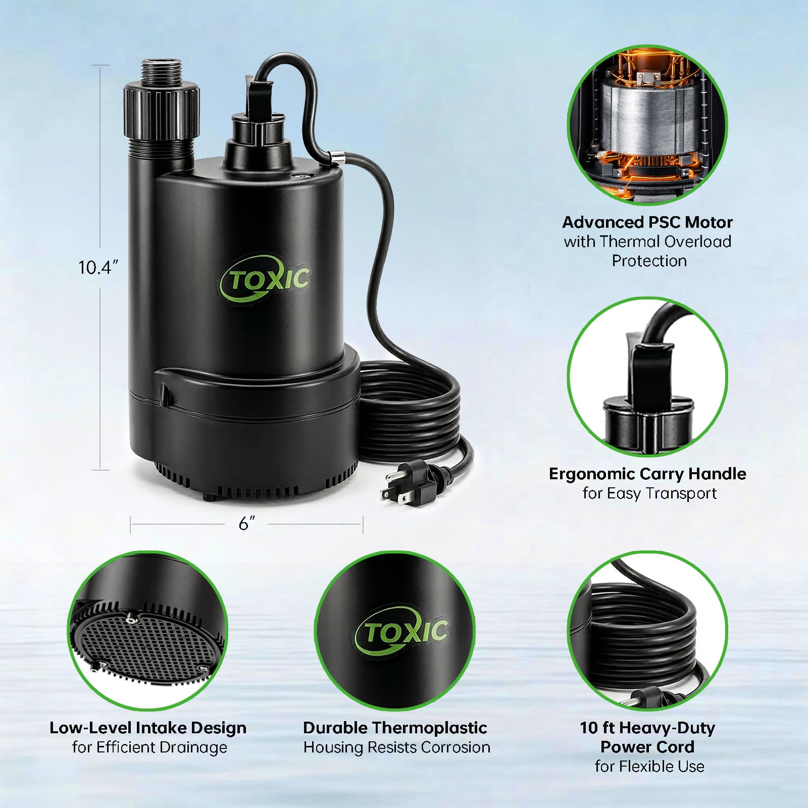 Pompa sommersa da 1/3 CV 2400 GPH portatile multiuso pompa dell'acqua pompa di scarico termoplastica con cavo di alimentazione da 3 m, rimozione rapida dell'acqua per cantina
