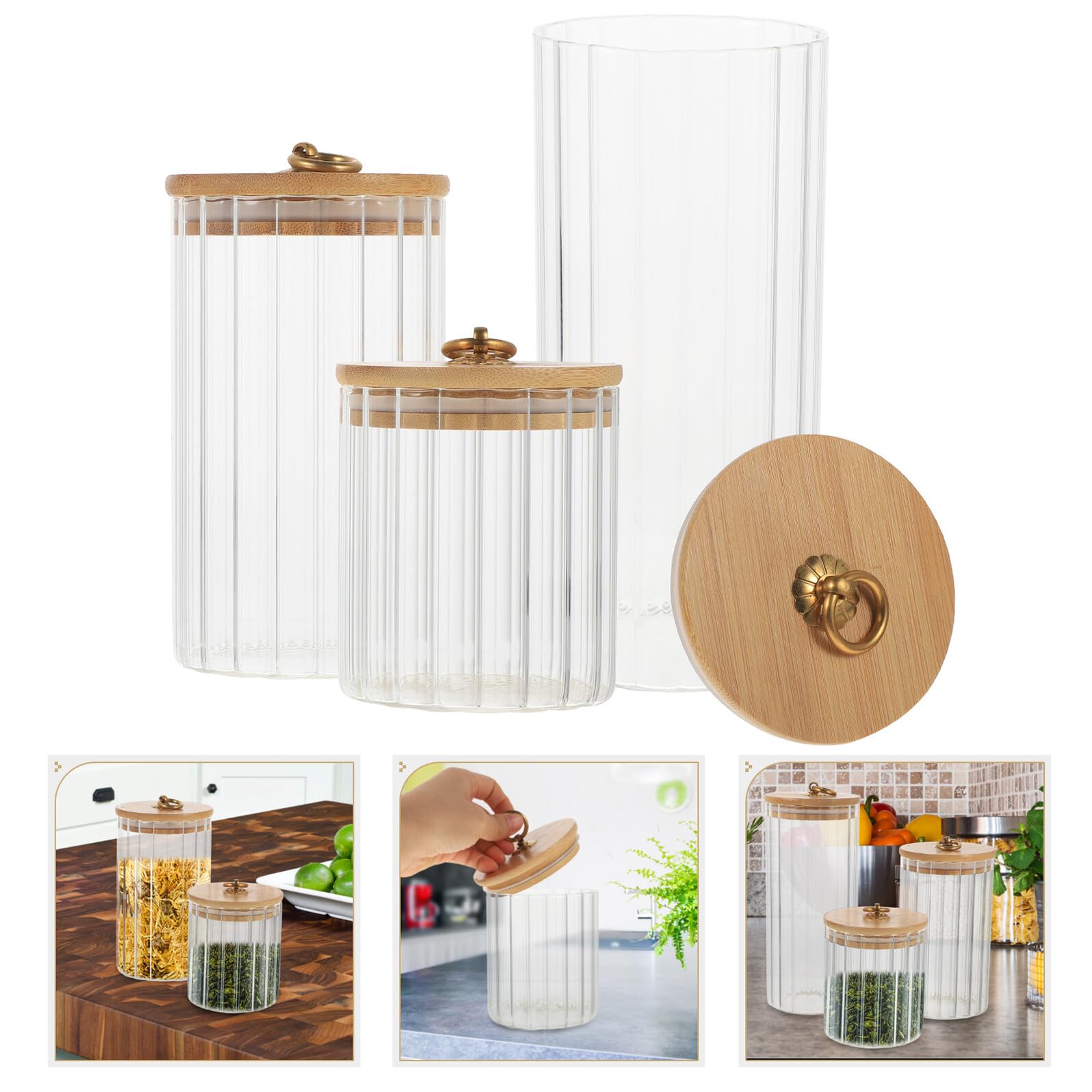 VICASKY 3 Stück Teiliges Haushalts aufbewahrungsglas Hochwertigem Glas mit Luftdichtem Bambusdeckel Stapelbare Vorratsbehälter für Lebensmittel Trockenfrüchte Kaffee und Getreide