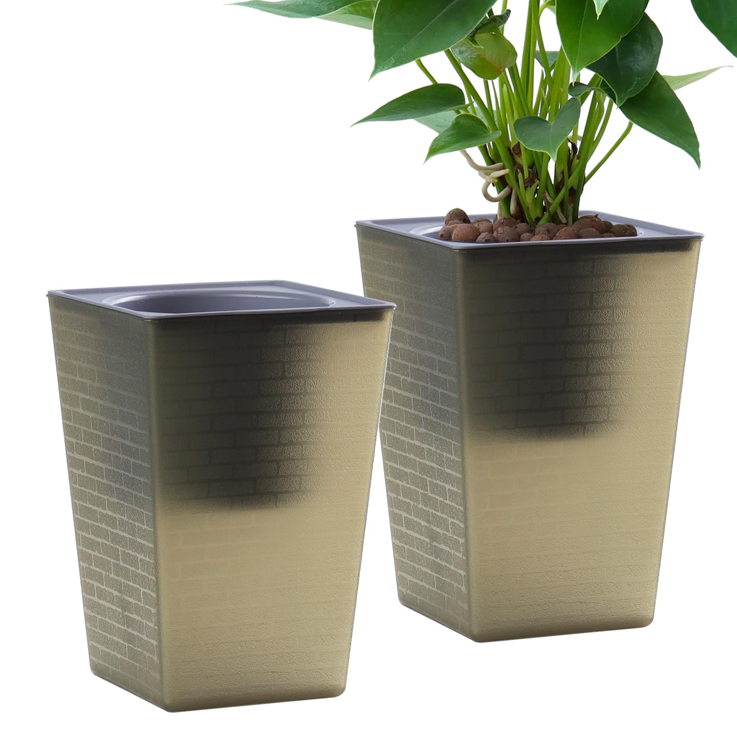 Oliz Self Watering Planter 2-Pack, 6 Inch Plastic Flower Pots with Inner Pot | Brick Pattern Indoor Planters for African Violets, Herbs (Mint, Basil),