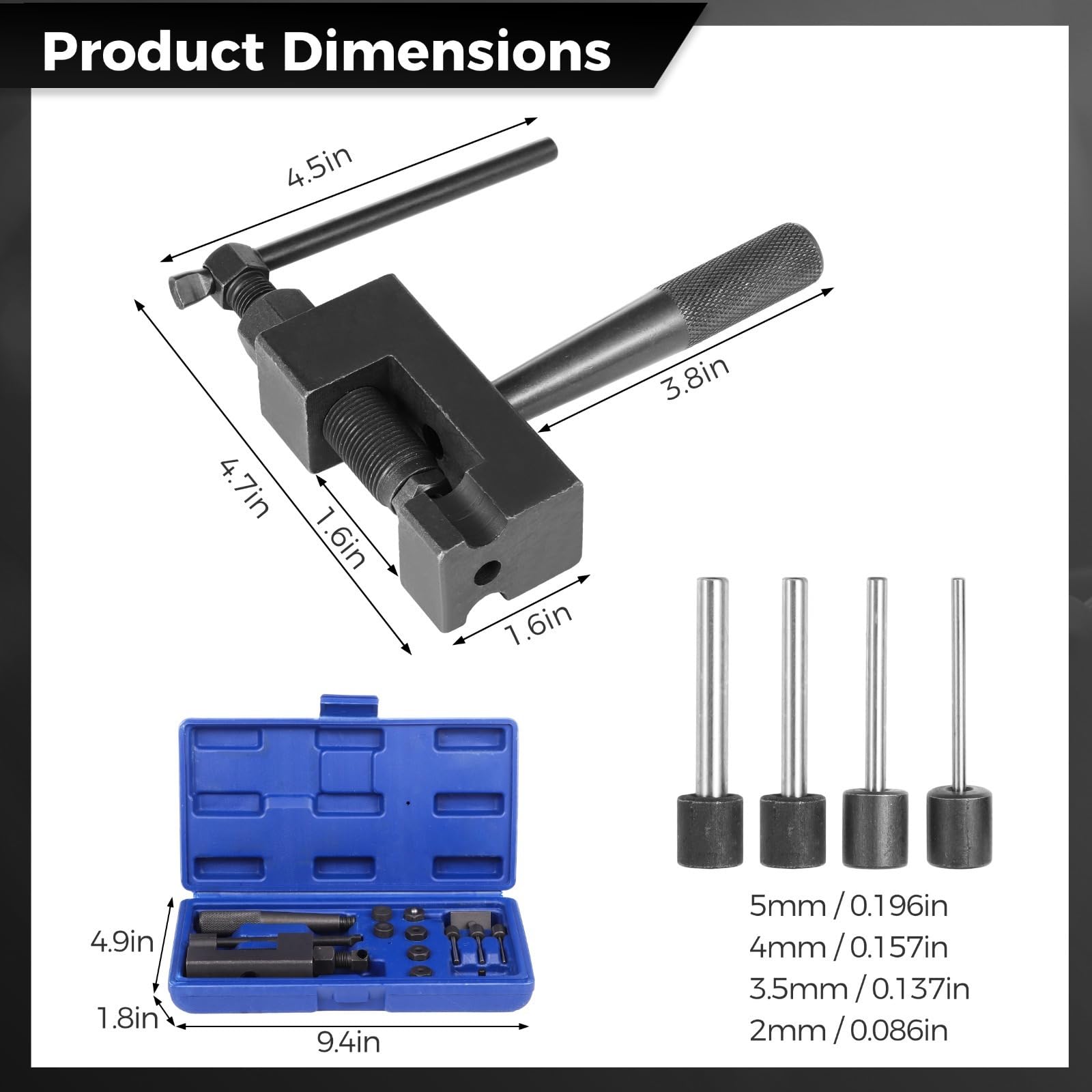 Set di 15 attrezzi per la rimozione della catena della moto, include 4 perni in acciaio e scatola, ideale per moto, moto da cross, ATV