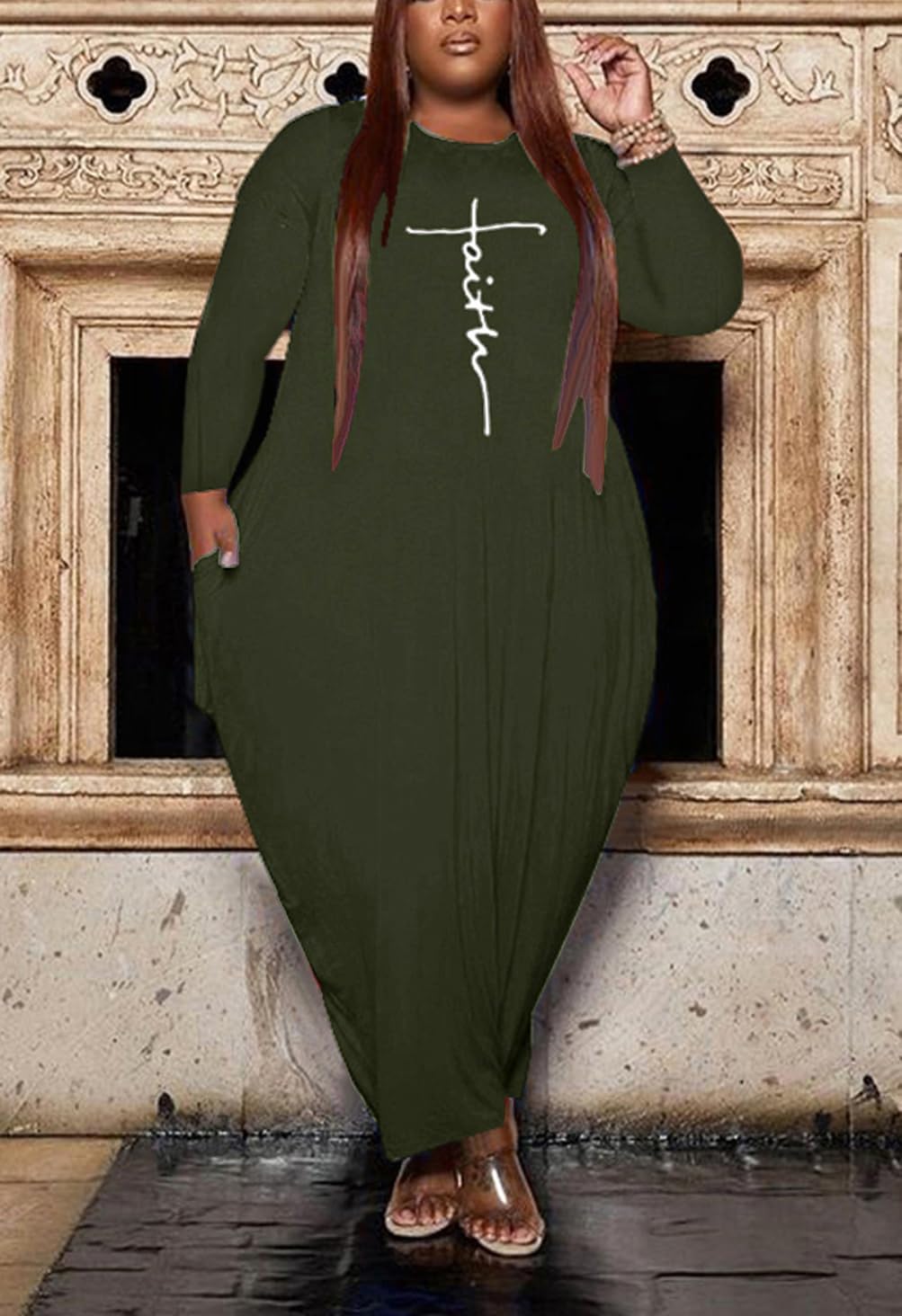 Fooullaide Women's Plus Size Maxi Dress Print Loose Oversize Long Sleeve Baggy Tshirt Casual Tunic Dresses with Pocket - Image 3