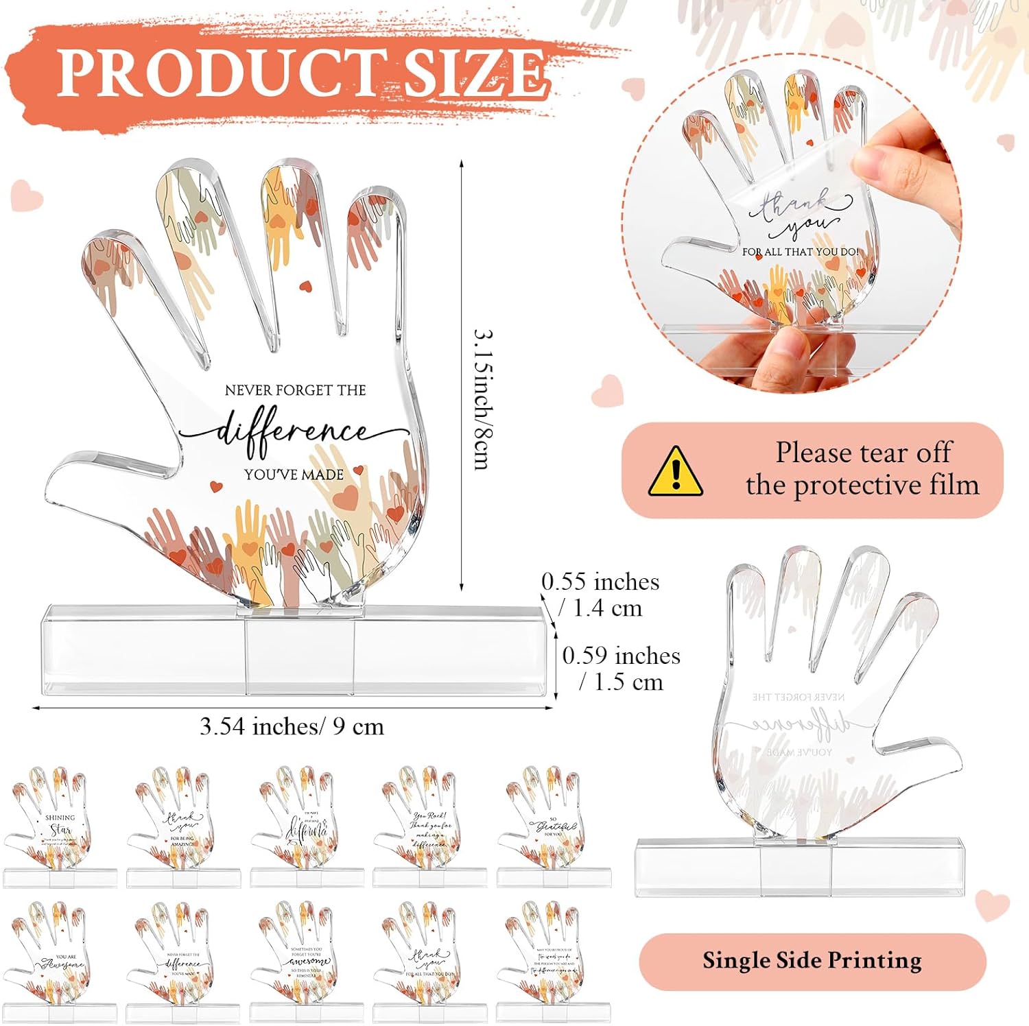 20 Sets Volunteer Appreciation Gifts 10 Styles Acrylic Desk Sign with Thank You Cards for Volunteer Week Christmas Recognition Gifts Hand Shaped Plaques Desk Decor Accessories