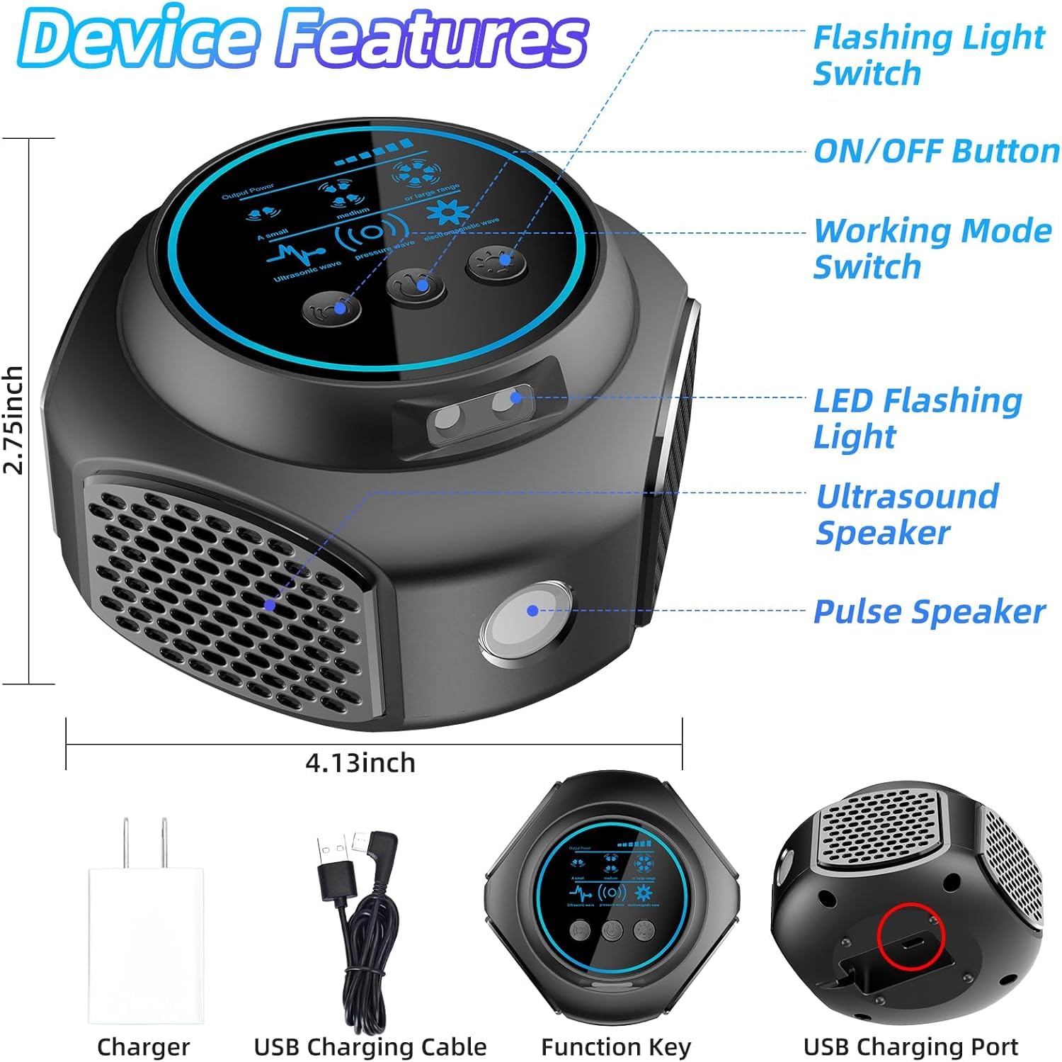 Professionnel Ultrason Souris et Rats Puissant à Large Portée - Répulsif Souris pour Intérieur avec Lumière LED, 360°Ultrason Rongeur, Effets pour Rats, Souris, Campagnols et Loirs