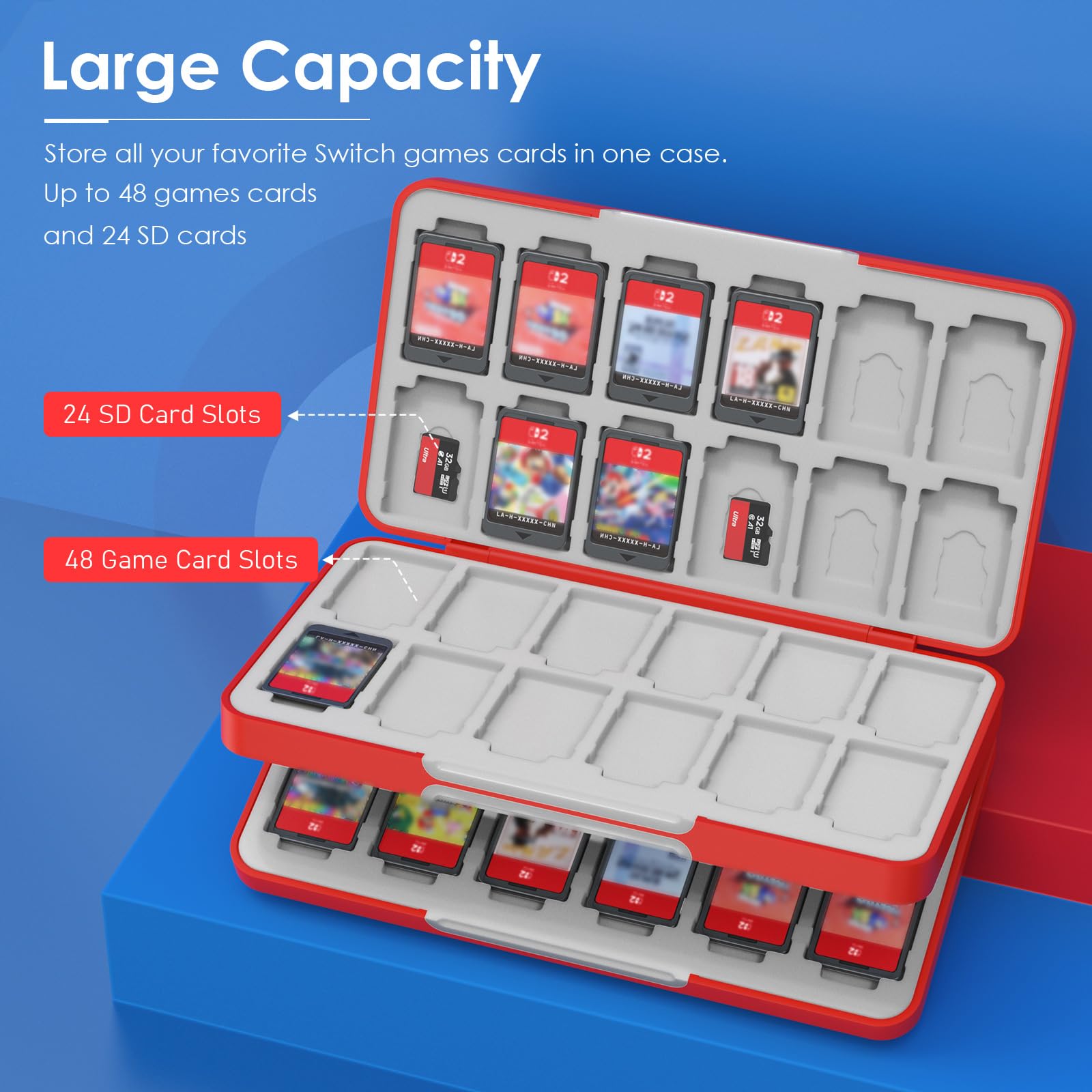 TiMOVO Custodia per schede di gioco per Nintendo Switch 2/Switch OLED/lite, cartuccia compatta e portatile con 48 Slot per schede di gioco e 24 Slot per schede Micro SD, Rosso Blu