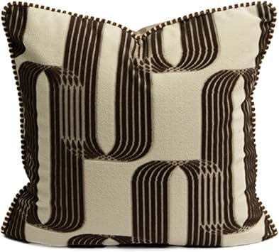 1 Piece Throw Pillow Cover 18x18 Inch, Cream Beige with Brown Geometric Arch Print Pillow Case, Decorative Cushion Cover with Whisker Edge Trim for Couch Sofa Living Room Bedroom Brown