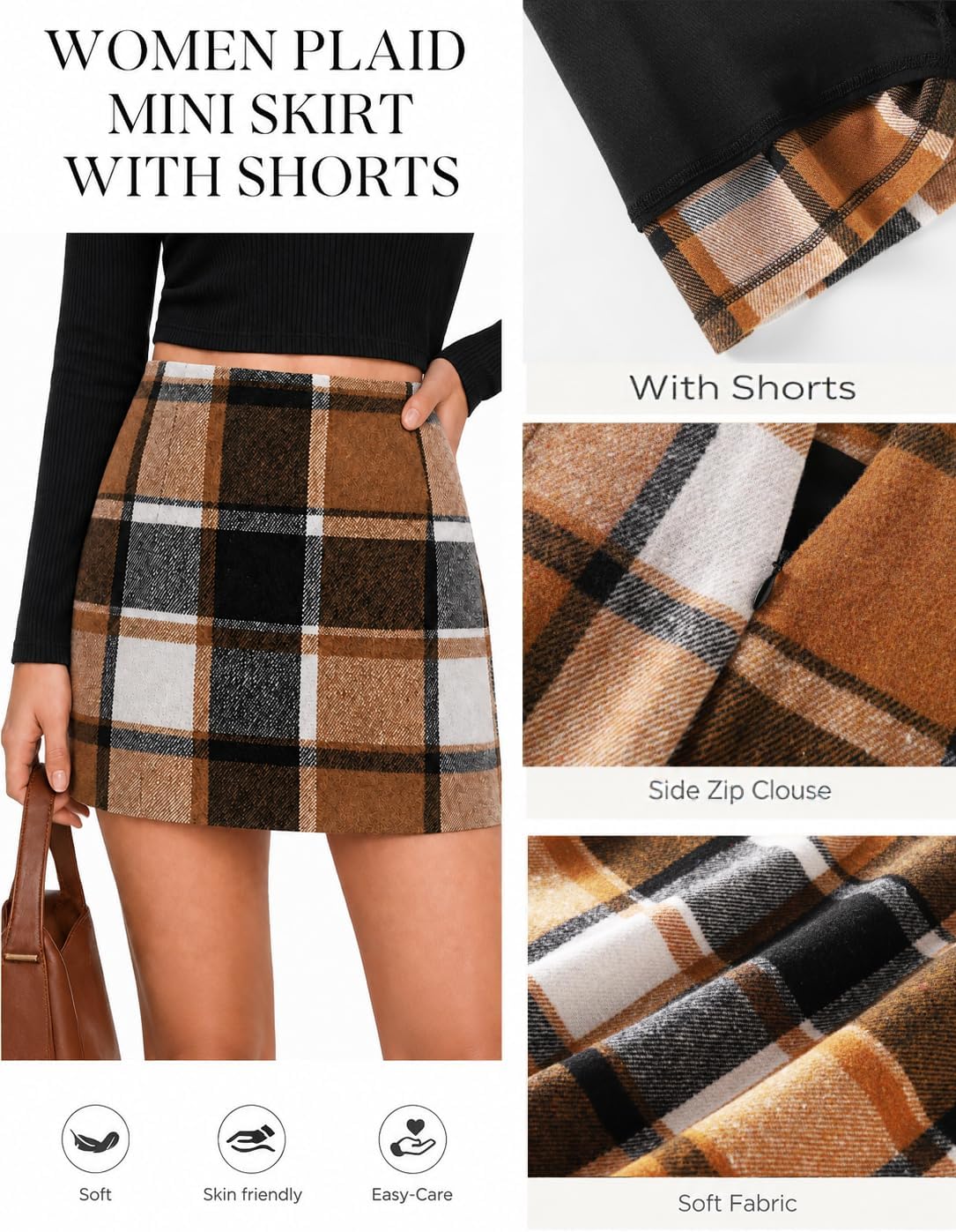 Rapbin Women's Mini Skirt Plaid Skorts High Waist Bodycon Pencil Wool Skirt