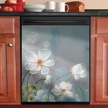 Magnet Dishwasher Cover Decorative for Kitchen,Dish Washer Door Sticker,Refrigerator Magnetic Stickers,Home Cabinet Decor Panel Decal (Blooming White Flowers, 23W26H)