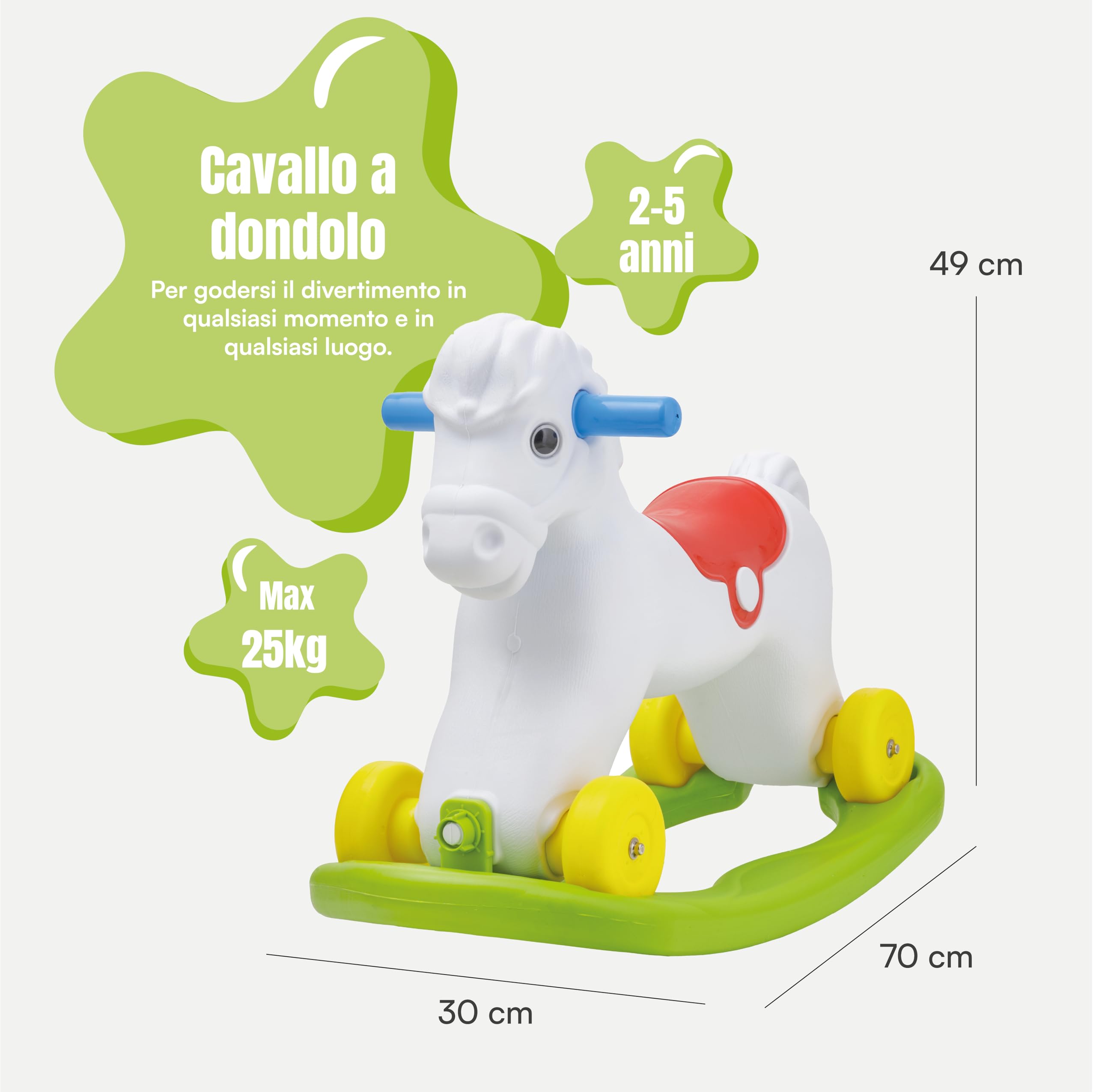 Baroni Toys Caballo balancín 2 en 1, Base balancín Desmontable, Caballo para Montar y con Ruedas, 2-5 años, 70x49x30 cm (Caballo Blanco)